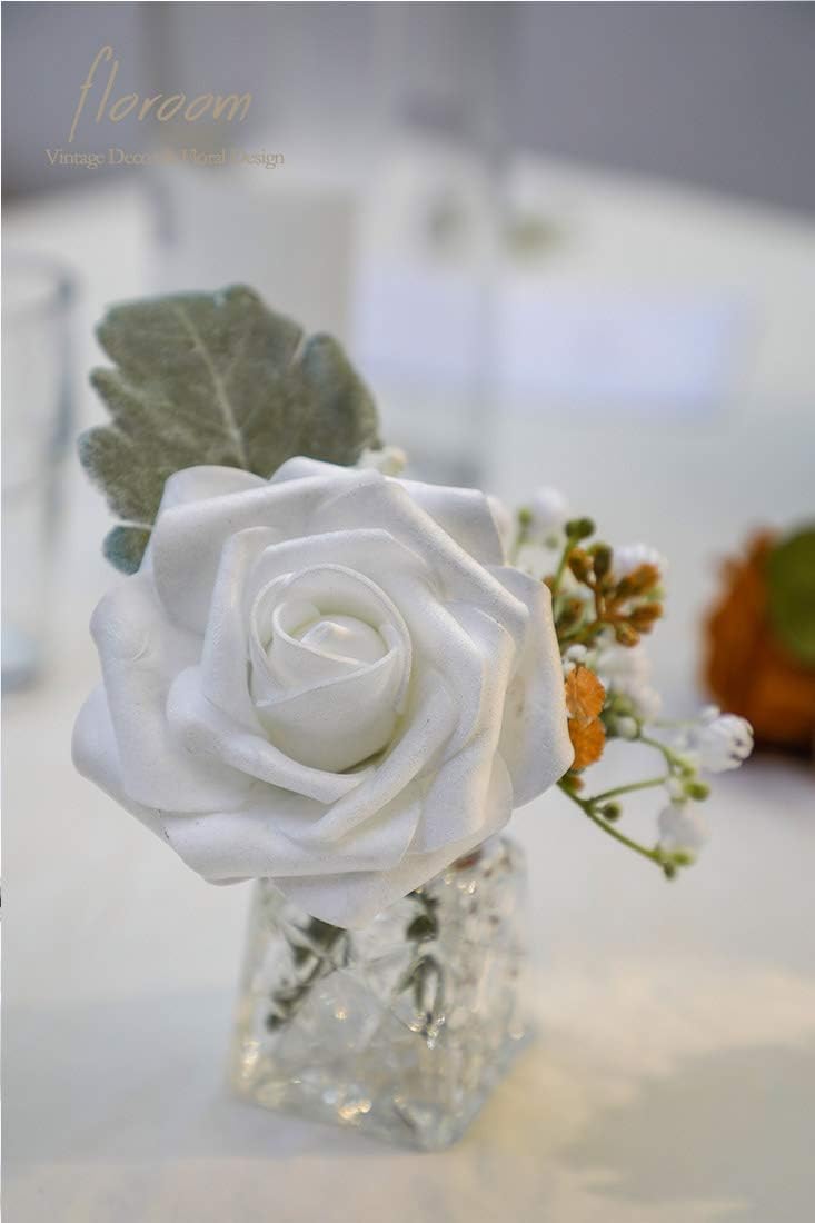 Floroom Artificial Flowers 50pcs Real Looking Shimmer Silver Grey Foam Fake Roses with Stems for DIY Christmas Tree Xmas Wedding Bouquets Party Tables Centerpieces Floral Arrangements Home Decor