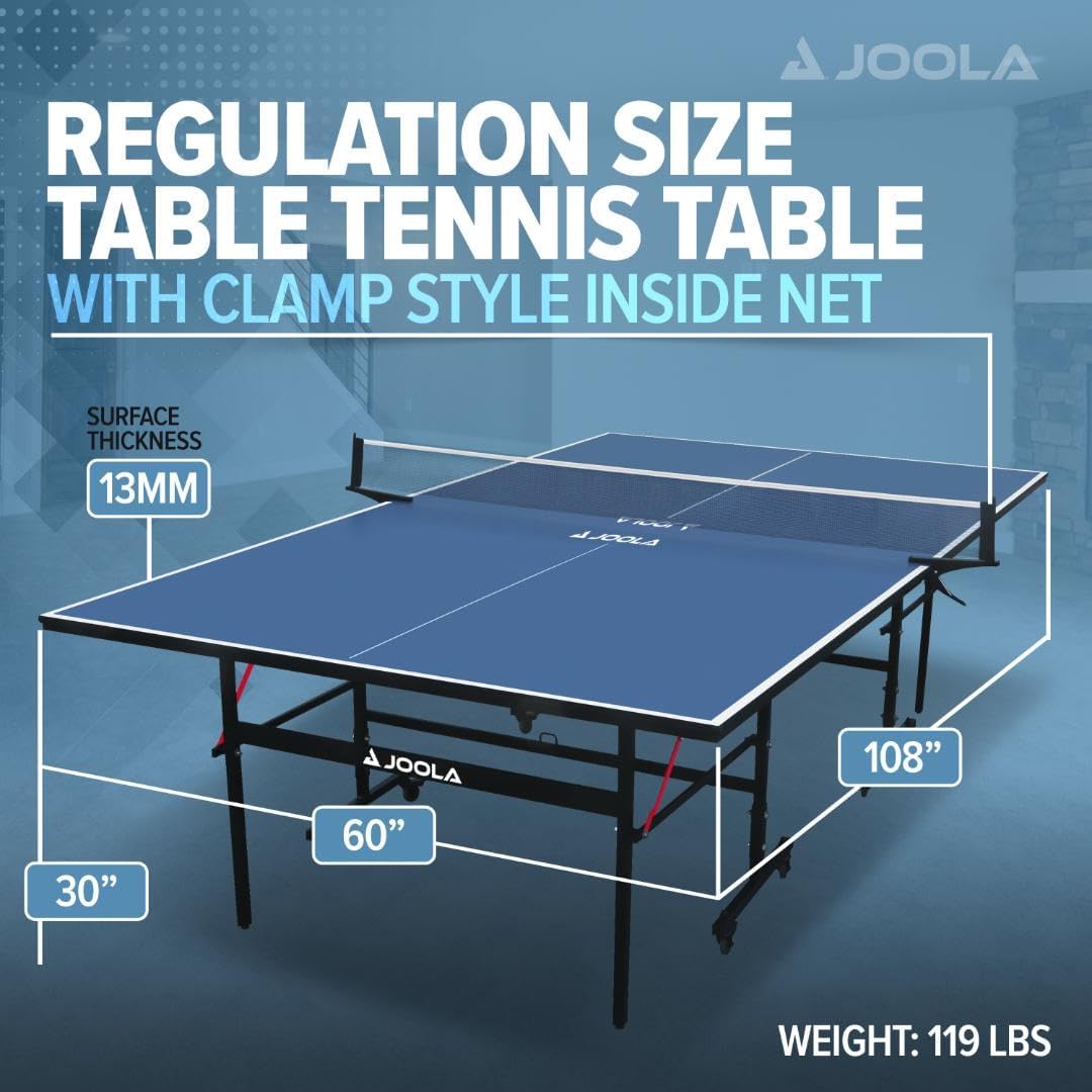 JOOLA Inside Professional MDF Indoor Ping Pong Table with Quick Clamp Table Tennis Net and Post Set - 10 Minute Easy Assembly - Tournament Quality - Foldable with Single Player Playback Mode