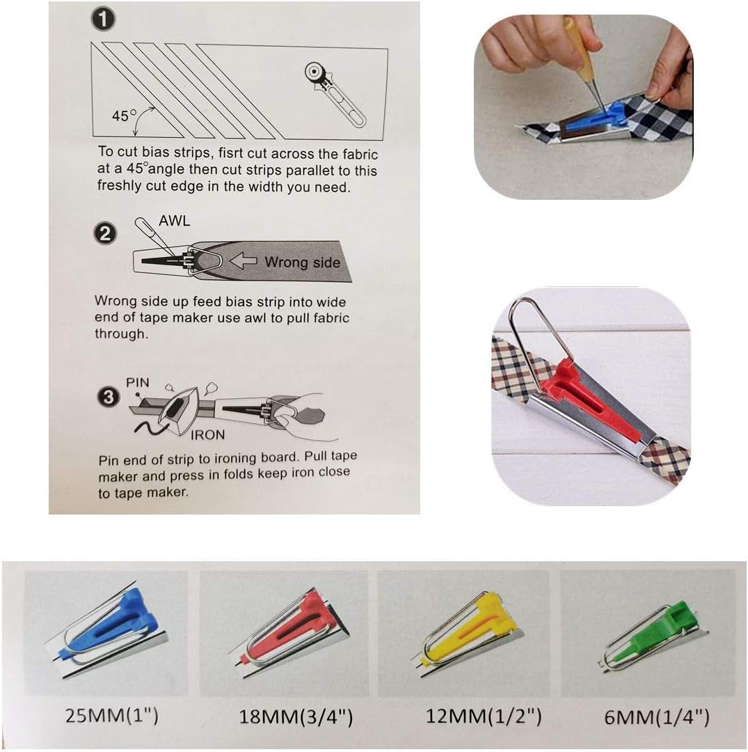 HONEYSEW Bias Tape Maker Kits All 5 Sizes 6MM 9MM 12MM 18MM 25MM Binding Foot Craft Clips Awl Quilter's Pin