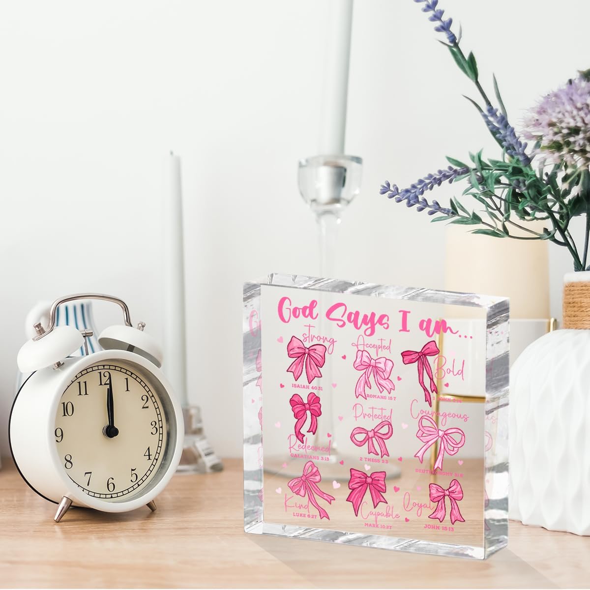 Positive Affirmation Bible Verse Desk Decor Acrylic Sign 4X4 Inch, Preppy Coquette Pink Bow Desk Decorative Signs for Shelf Tabletop Cubicle Room Office, Christian Gifts for Women Men Friends