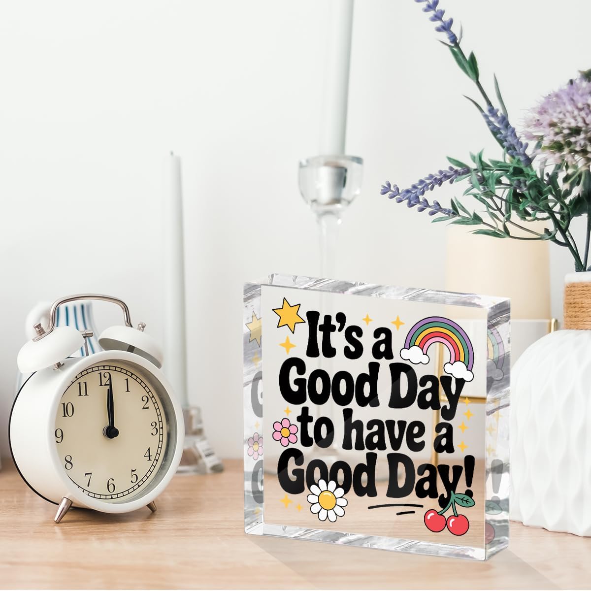 Positive Desk Decor Acrylic Sign 4X4 Inch, Rainbow Cherry Flower Desk Decorative Signs for Shelf Tabletop Cubicle Room Office, Inspirational Gifts for Women Men Friends, Have a Good Day