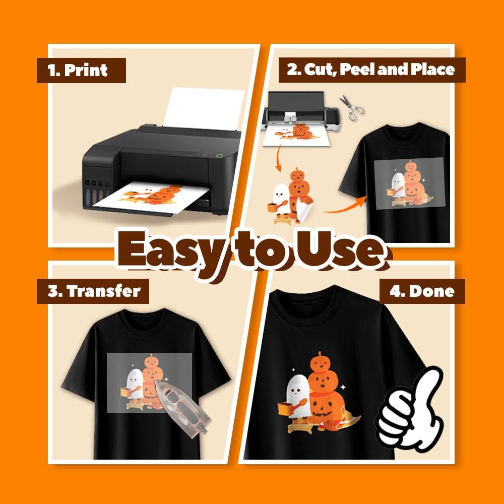 TranSmile PU-Heat Transfer Paper for Inkjet Printer (30 Sheets, 8.5x11", Dark) Iron on Transfers for Dark Fabric, Printable Heat Transfer Vinyl for T Shirts, Vibrant & Washable