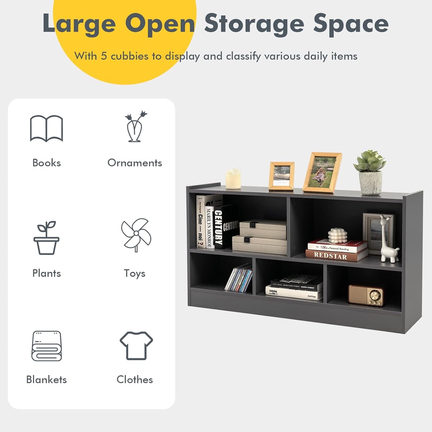 Tangkula 5 Cube Bookcase, 2 Tier Wooden Storage Open Bookshelf, Multipurpose Display Storage Cabinet for Living Room, Bedroom, Hallway, Kid's Playroom, Reading Nook (Grey)