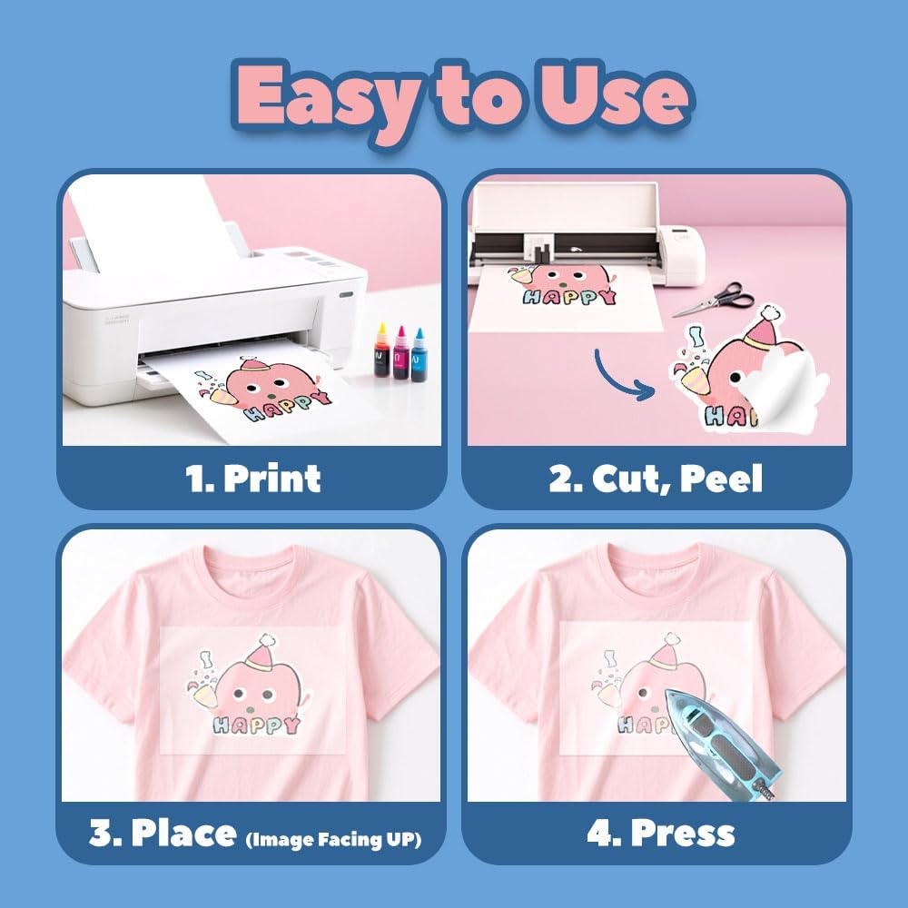 TranSmile PU-Heat Transfer Paper for T Shirts (20 Sheets, 8.5x11'', Light), Iron on Transfers for Light Fabric, Printable Heat Transfer Vinyl for Inkjet Printer