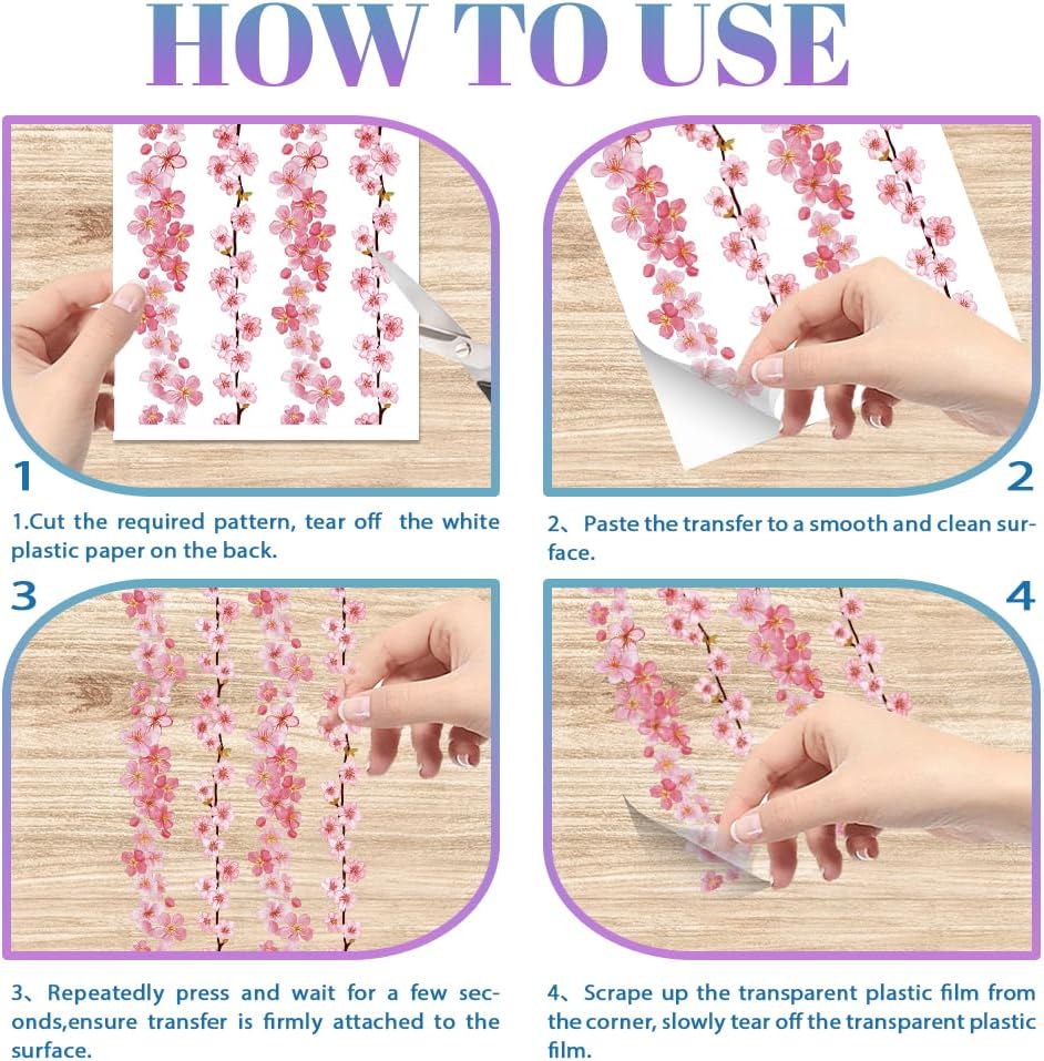 GLOBLELAND 4 Sheets Cherry Blossoms Tree Rub on Transfers 12x6inch Pink Flowers Furniture Transfers Sticker Birds UV Transfers Decal Craft for Bedroom Living Room Desk Table Decoration