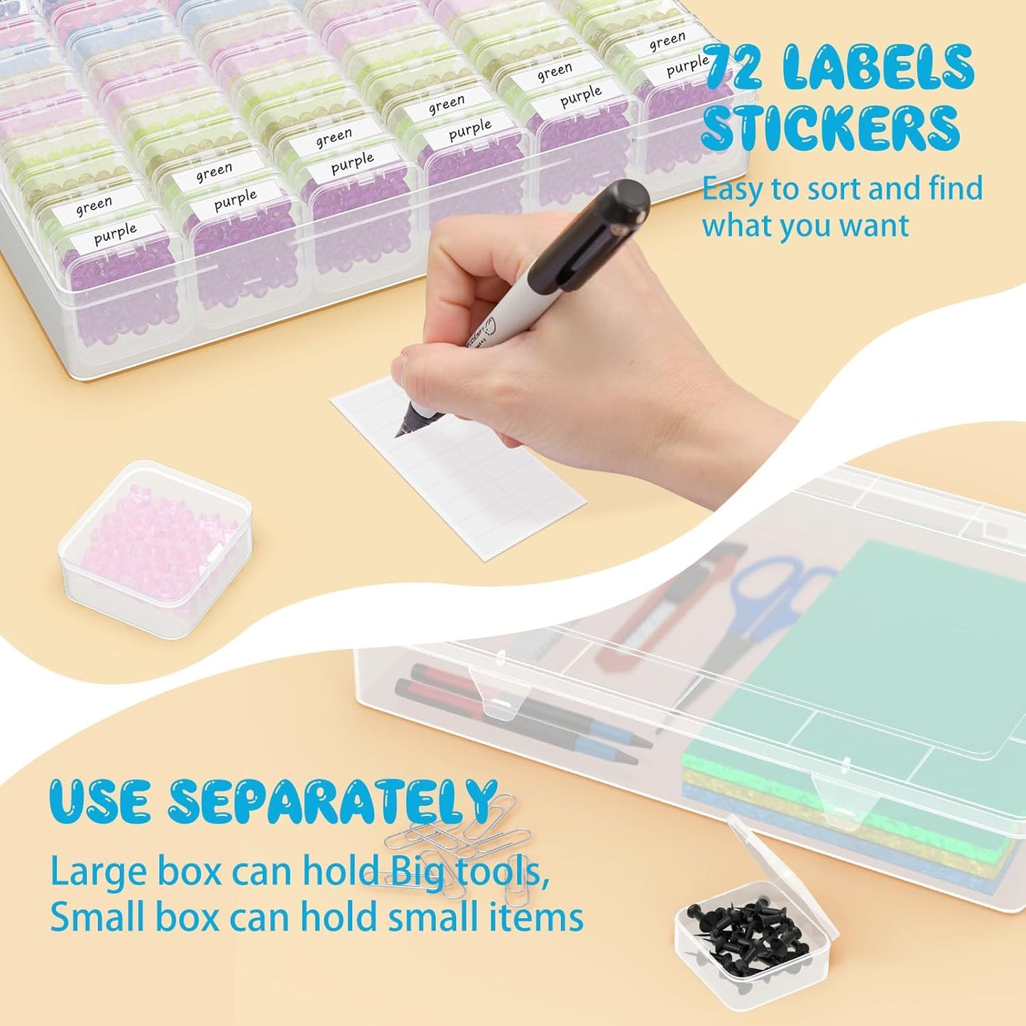 Mathtoxyz Extra Large Bead Organizer, 122 PCS Small Plastic Craft Storage Box with Hinged Lid and Labels Clear Bead Organizers and Storage Boxes for Jewelry, Diamonds, Bracelet Making DIY