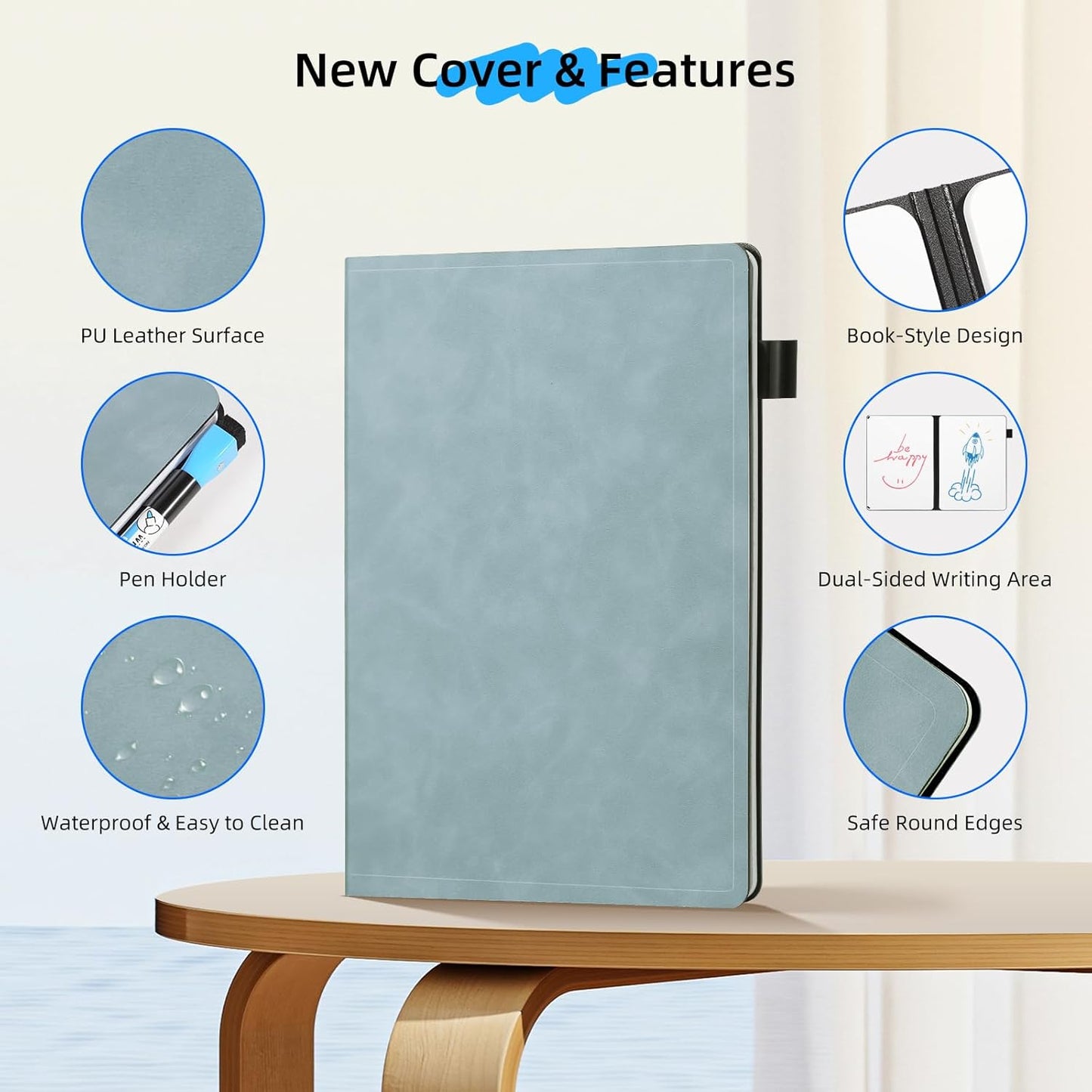 AGM Portable White Board Dry Erase Notebook, 8.4" x 6" Double Sided Folding Whiteboards with 3 Pens, Small Travel Dry Erase Board Skin-Friendly Material for Study, Meeting, Planning, Ocean Blue