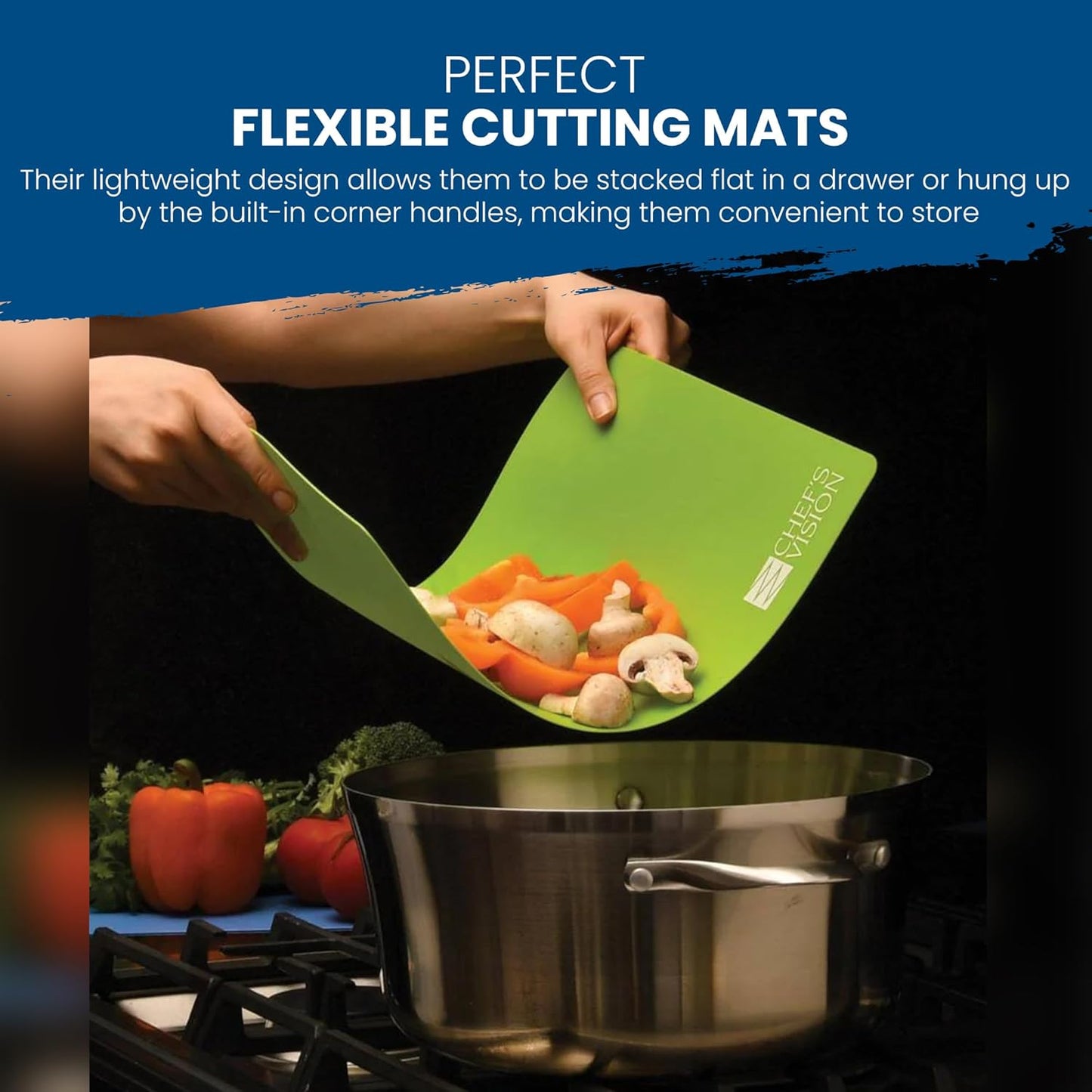 Chef's Vision Flexible Cutting Mats - Set of 6 Non-Slip, Color-Coded Kitchen Mats - 15' x 12' Flexible Cutting Boards for Safe, Easy Food Preparation