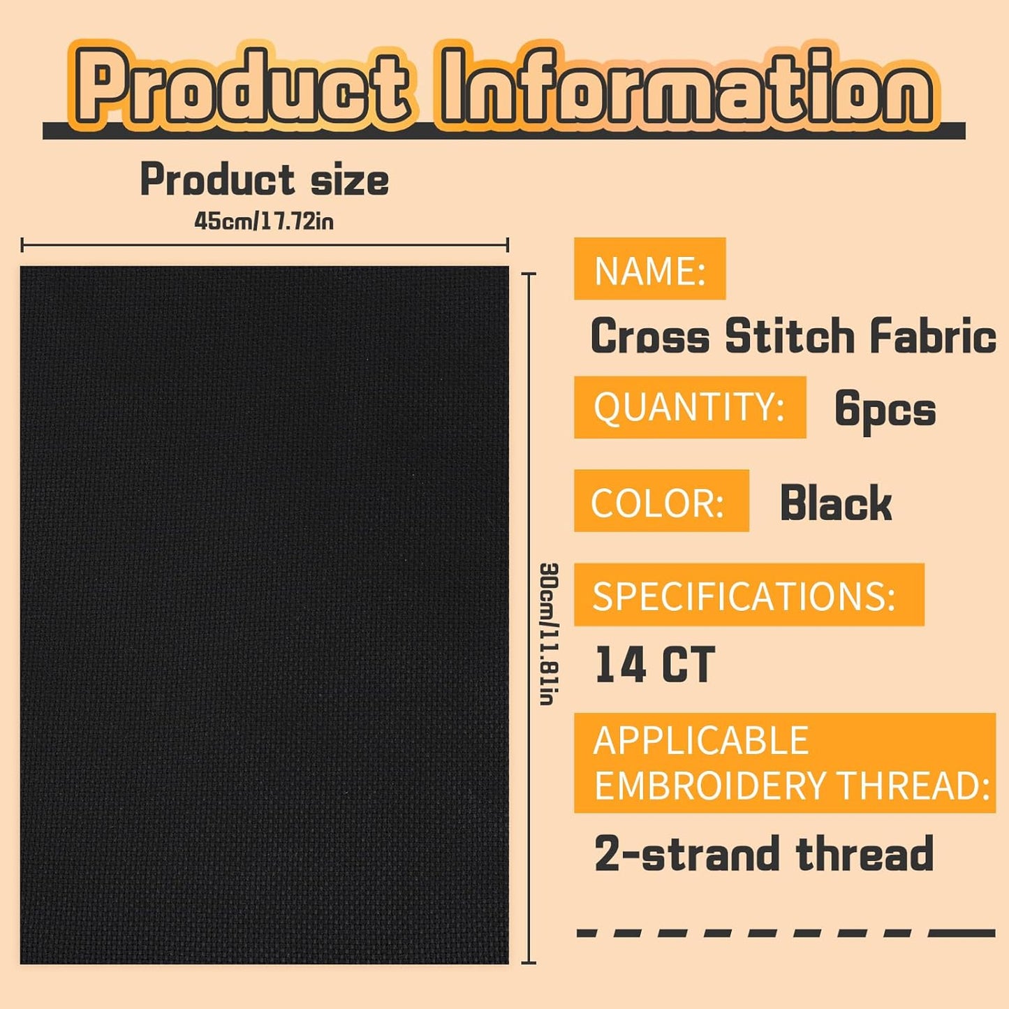 6 Pcs Cross Stitch Fabric, 14 Count Black Embroidery Fabric Cloth Cross Stitch Cloth Supplies for Needlework, DIY Embroidery Home Decoration Crafts (12 by 18-Inch)