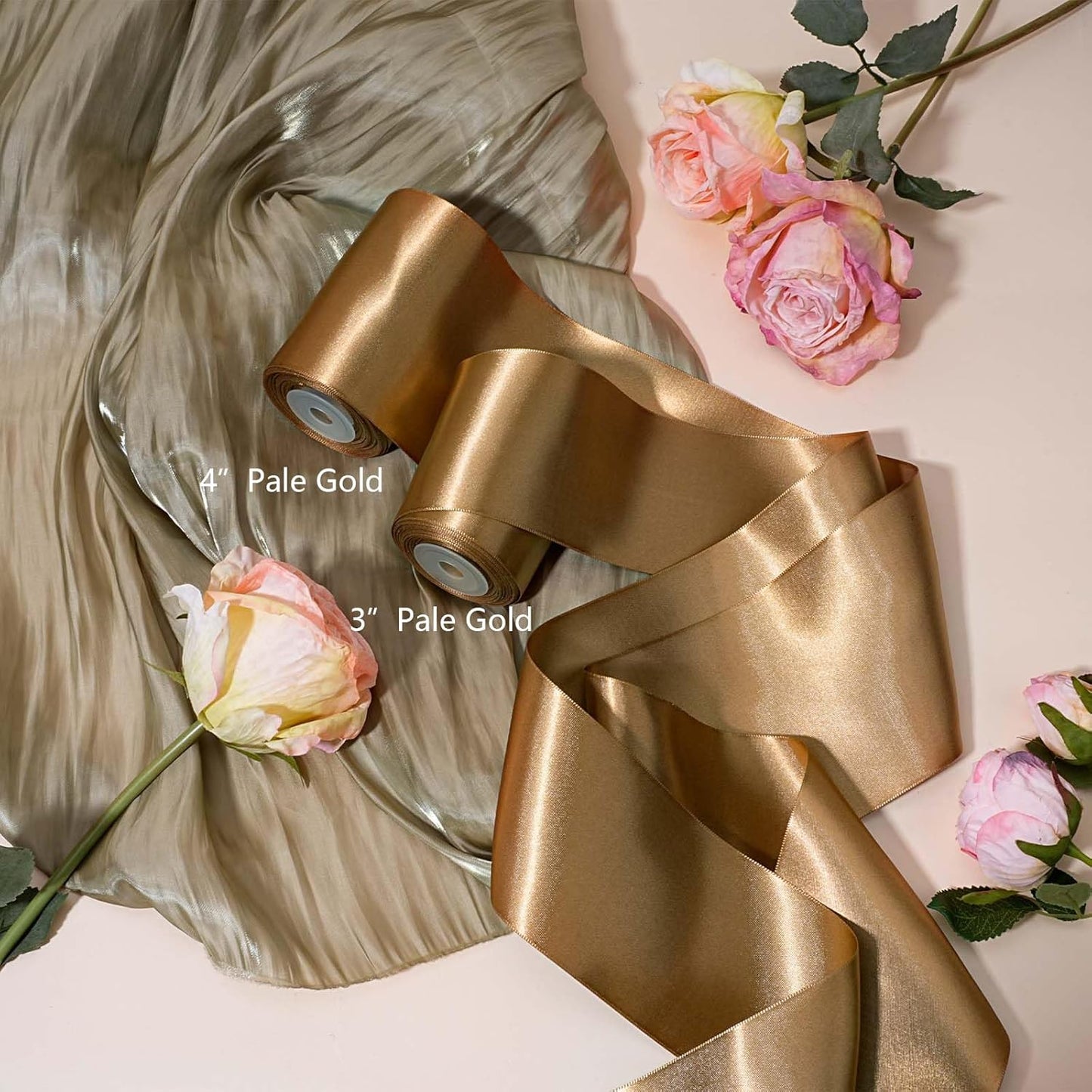 LaRibbons Pale Gold Satin Ribbon 4 Inch 10 Yards Double Faced Luxury Pale Gold Silk Ribbon for Gift Wrapping Flower Bouquets Bow Christmas Wedding Party Decoration