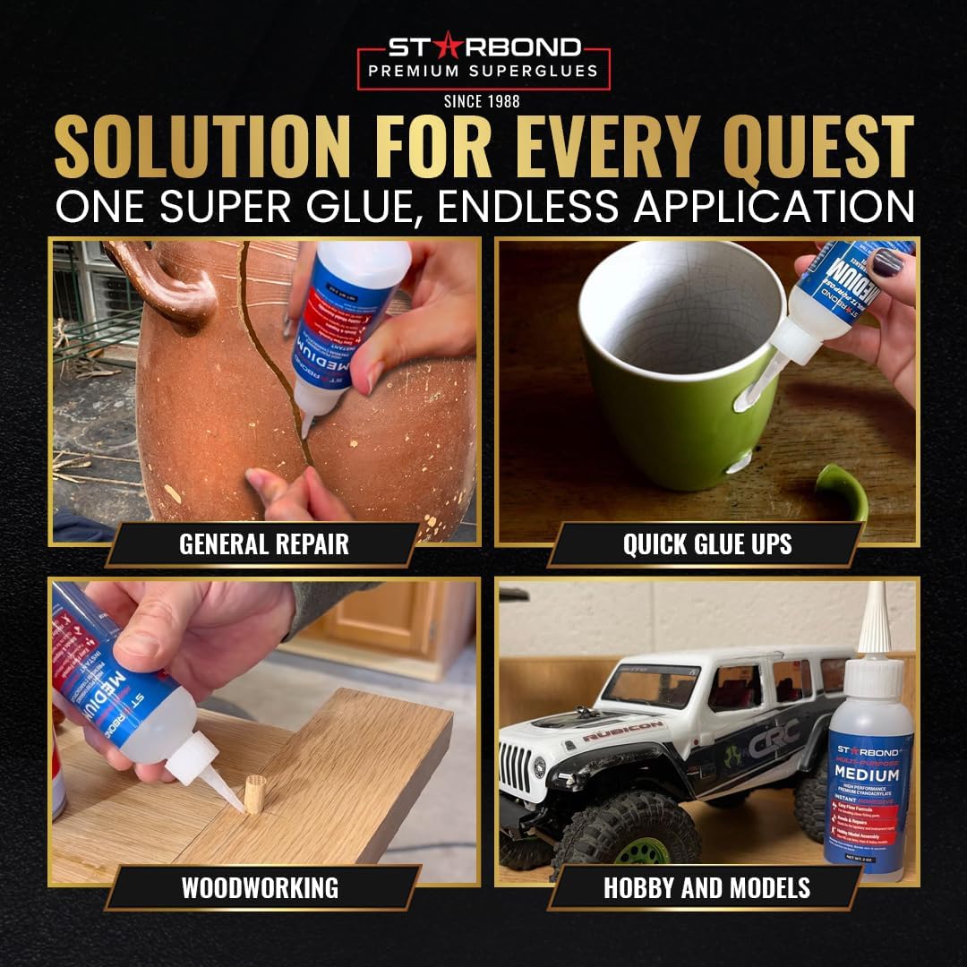 Starbond Medium Super Glue Pro Kit (2 oz) – Strong, Fast-Bonding CA Glue (Cyanoacrylate Adhesive) – with Clog-Resistant Cap, Microtips & Extra Nozzle for Quick Fixes, Woodworking, Hobby Models