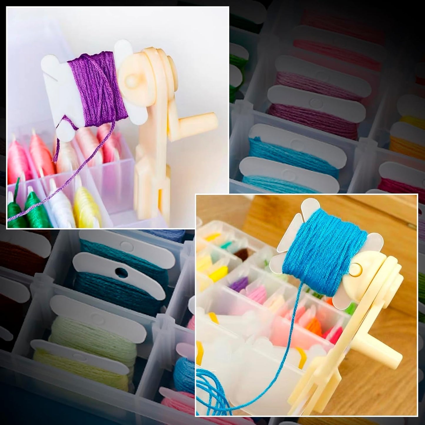 BLUE HANDCART Embroidery Floss Organizer, 1 Removable 18 Compartments Cross Stitch Thread Storage Box with 100 Plastic Embroidery Floss Bobbins, 1 Floss Winder and 1 Marker