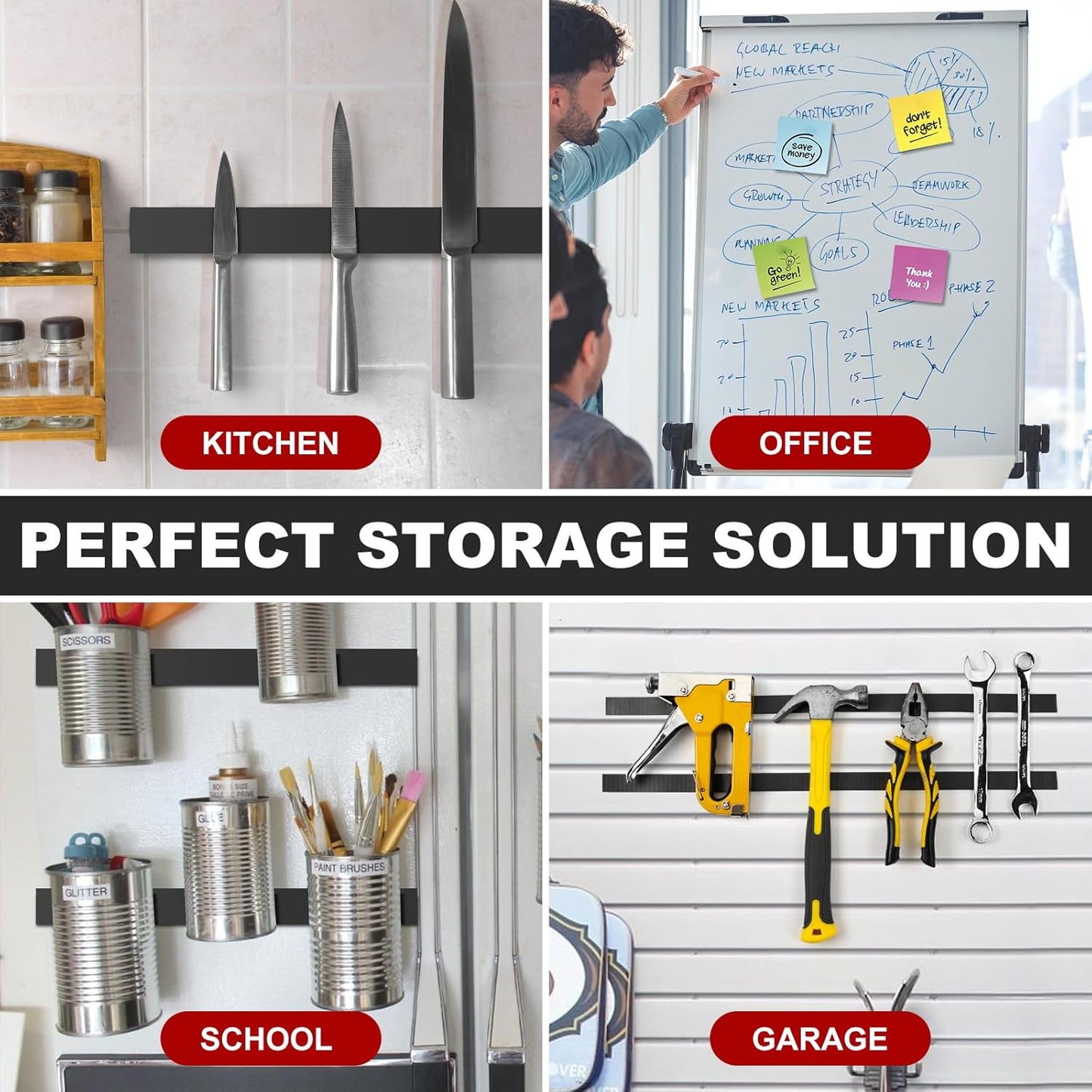 Thaibear Magnetic Strip, Flexible Magnetic Strips with Adhesive Backing (5 Pack, 12" x 1") Strong Sticky Magnetic Tape for Kitchen, Garden - Magnet Tape Strip Holder Strip for Wall