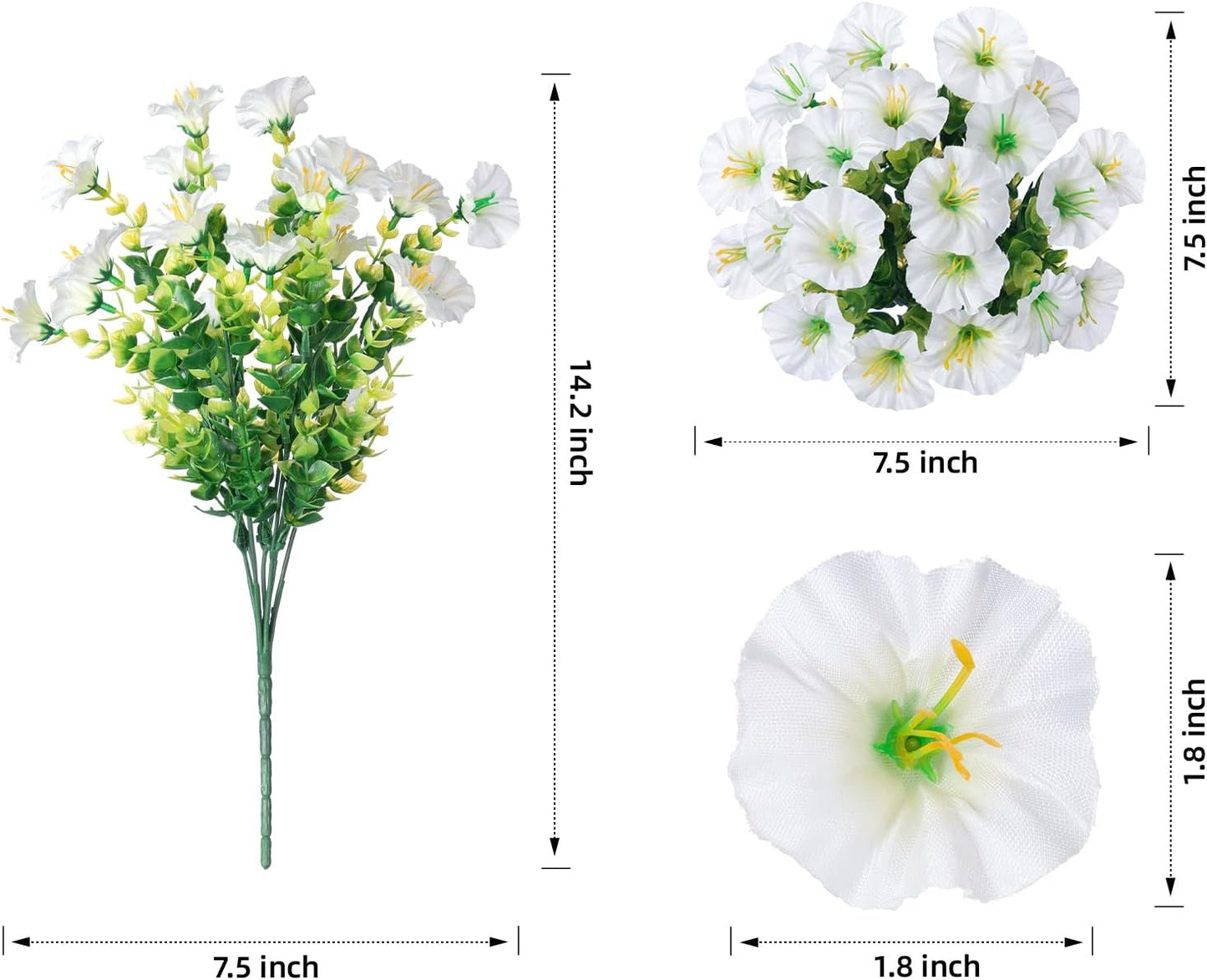 Artificial Flowers Fake Plants for Outdoors Decoration, 12 Bundles White Silk Morning Glory with Eucalyptus Realistic UV Resistant Faux Flowers for Outside Planter Porch Yard Patio Garden Home Indoor