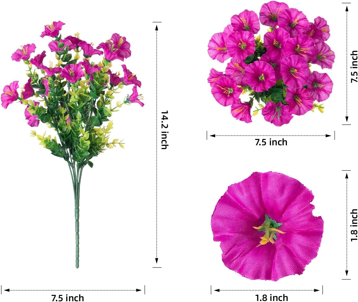 Artificial Flowers Fake Plants for Outdoors Decoration, 12 Bundles Silk Morning Glory with Eucalyptus Realistic UV Resistant Fuchsia Faux Flowers for Outside Planter Yard Patio Garden Home Indoor