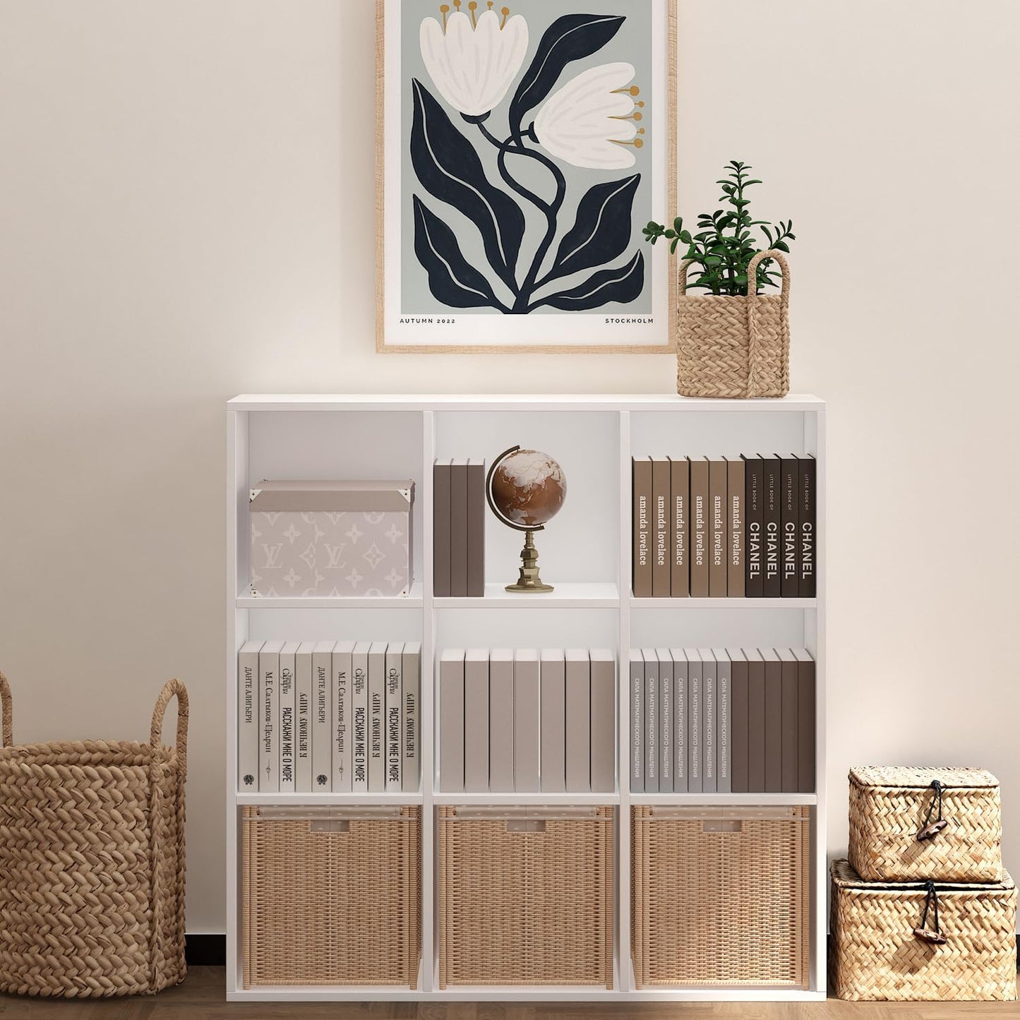 Wooden 9 Cube Storage Organizer with Closed Back Panel,White Cube Shelf Heavy Duty Cubby Storage Organizer with Compartments for Living,Display Shelf,Bookshelf