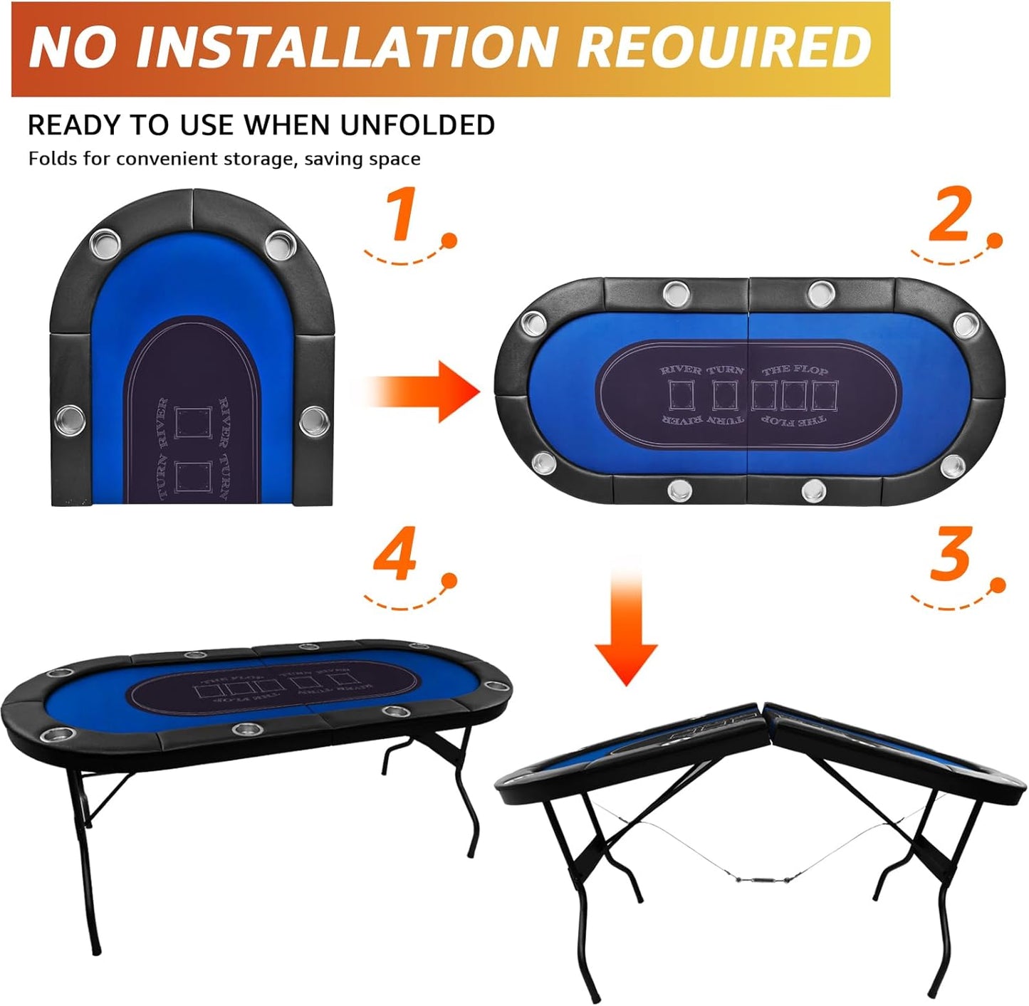 Folding Poker Table, 8 Player Portable Design with Collapsible Legs & Cup Holders, 72 Inch Foldable Casino Table for Quick Setup, Texas Holdem & Card Games
