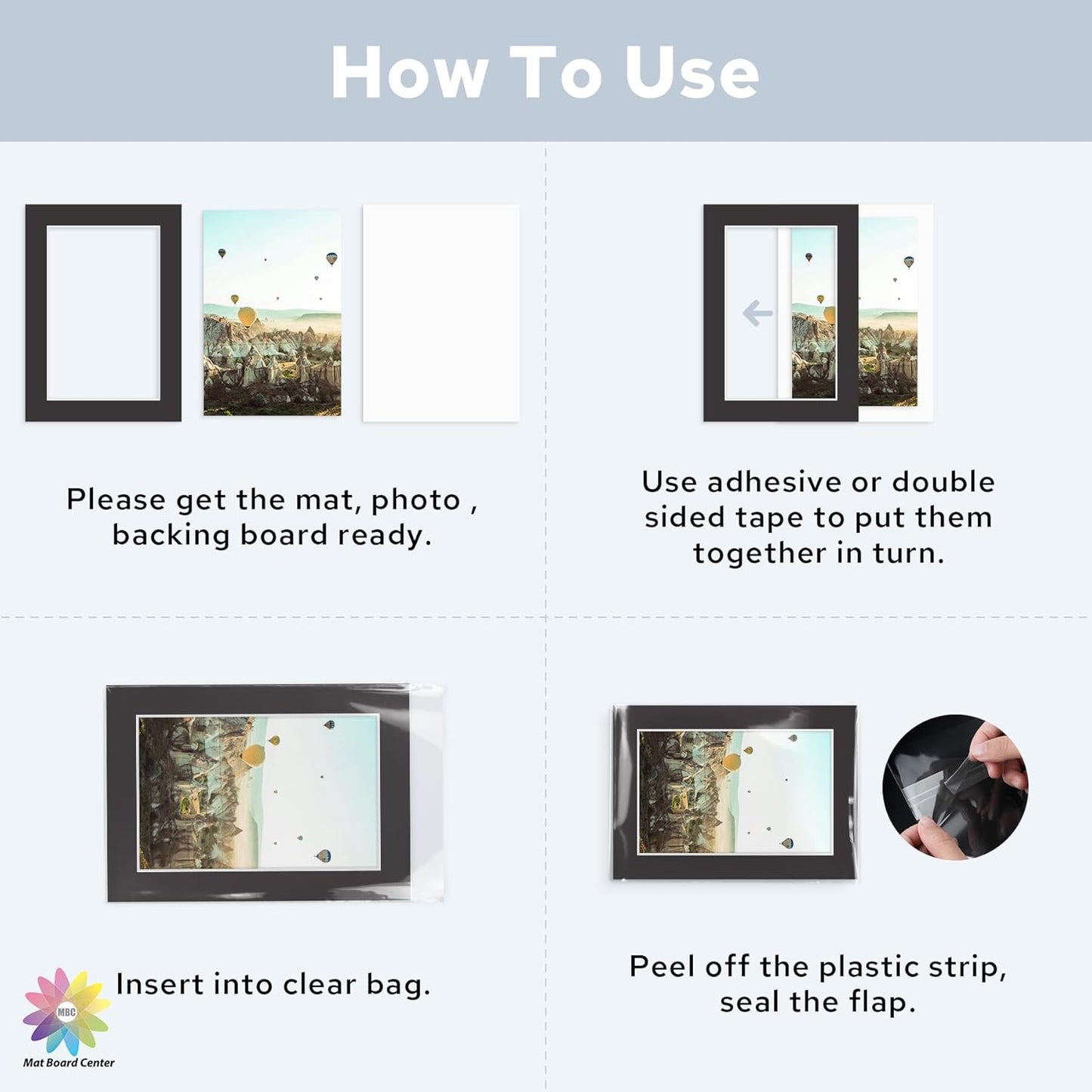 Mat Board Center, Pack of 25, 5x7 for 4x6 Black Mat Kit - Acid Free, 4-ply Thickness, White Core - Includes Backing Boards and Clear Bags - for Pictures, Photos, Framing