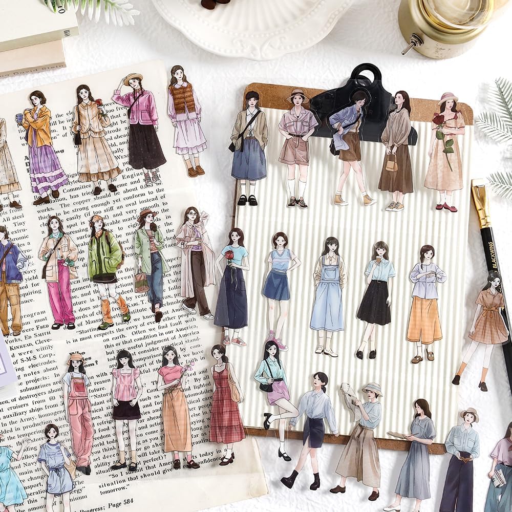 4Pcs PET Girl Sticker Books, Pre-Cut Fashion Designs for Scrapbooking, DIY Crafts, Waterproof Journaling Supplies, Junk Journal Ephemera, Includes Organizer