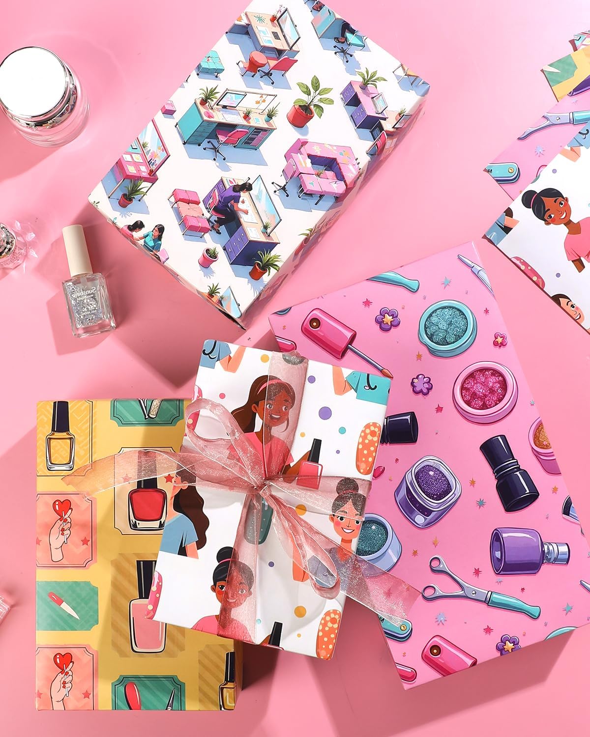 Pineraap 12 Sheets Nail Art Wrapping Paper, Manicure Gift Wrap Paper with Nails Polish Bottles & Salon Scenes, Folded Flat Paper for Nail Art Lovers Birthday DIY Crafts, 19.7 x 27.6 Inch