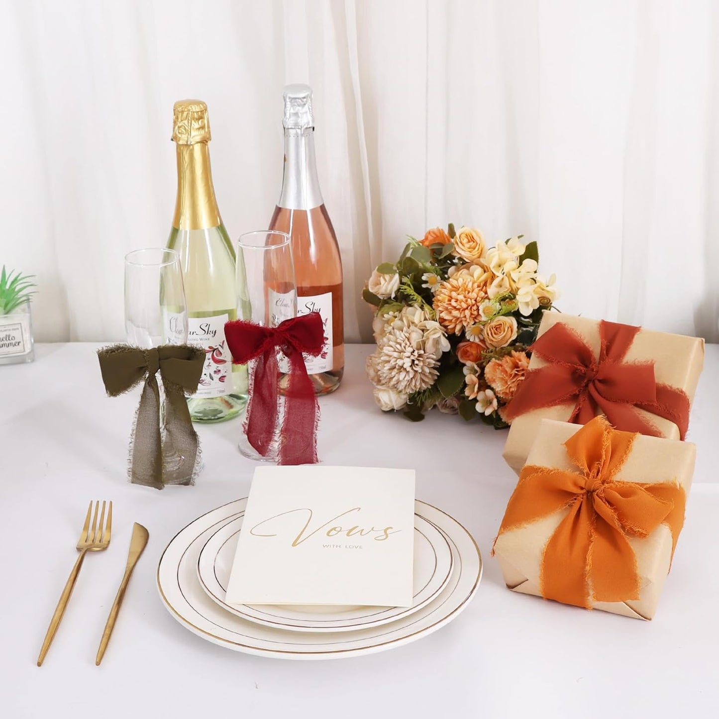 TONIFUL 4 Rolls Silk Chiffon Ribbon 1-1/2 Inch x 22 Yards,Orange Moss Brown Khaki Handmade Fringe Ribbon for Gift Wrapping Flowral Thanksgiving Christmas Wreath Tree Autumn-Themed Party Decoration