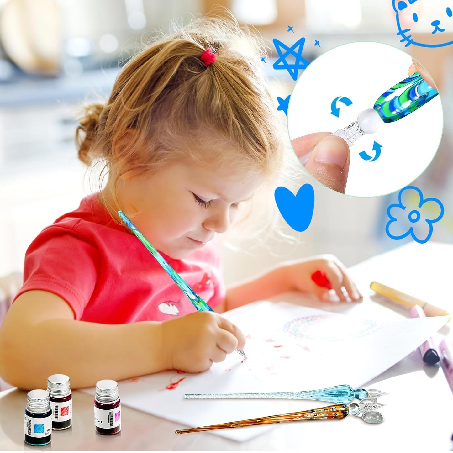 Zonon Glass Dipped Pen Ink Set 14 Pcs Include 6 Pcs Glass Dip Pen, 6 Colorful India Ink and 2 Holder Crystal Signature Calligraphy for Art, Writing, Signatures, Gift(Green Color System)