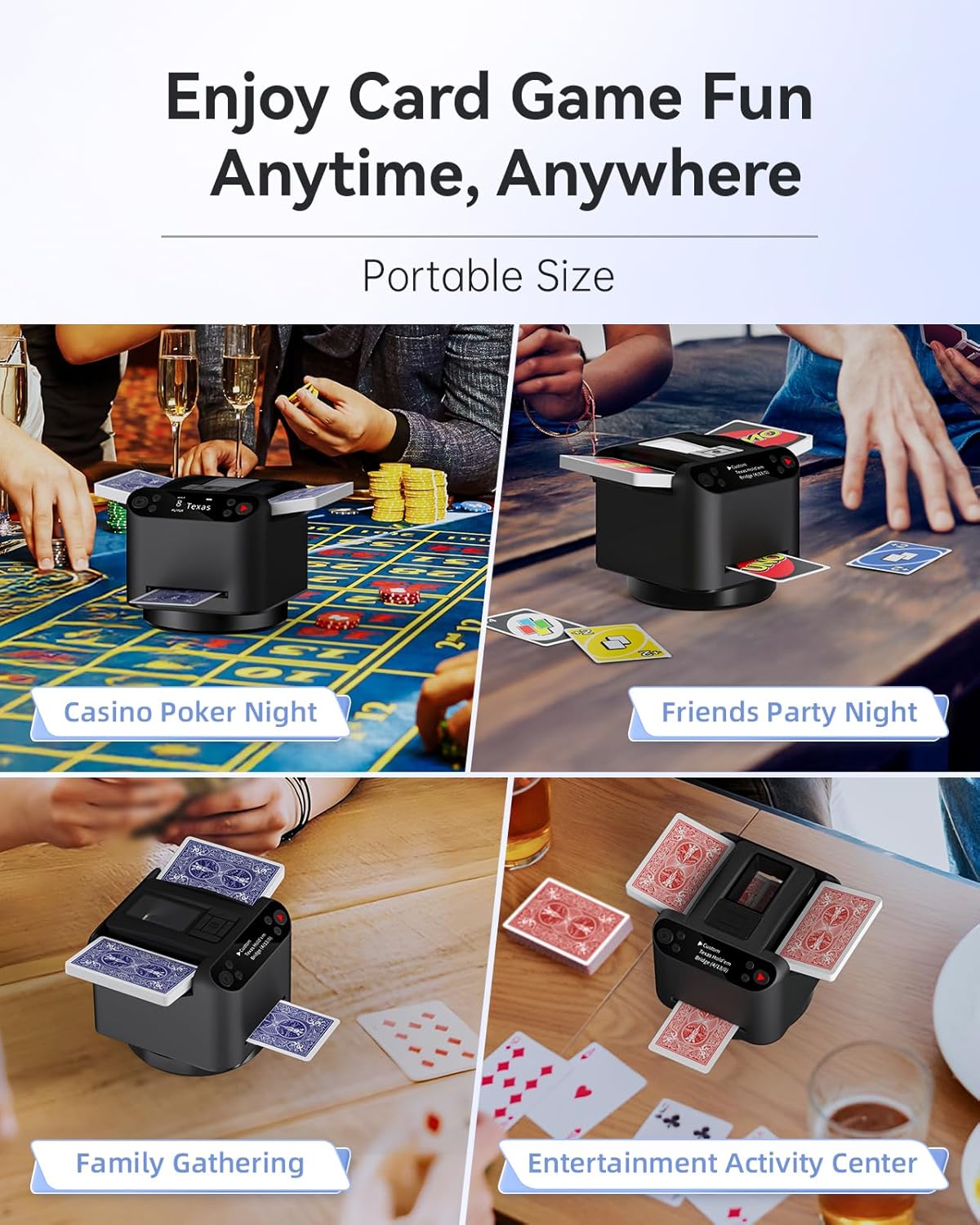 Automatic Card Shuffler and Dealer 2-in-1, 2 Deck 360° Rotating Dealing Machine for 12 Players, 4 Drawing Remotes, Rechargeable Playing Card Shuffler Machine for UNO, Poker, Phase 10