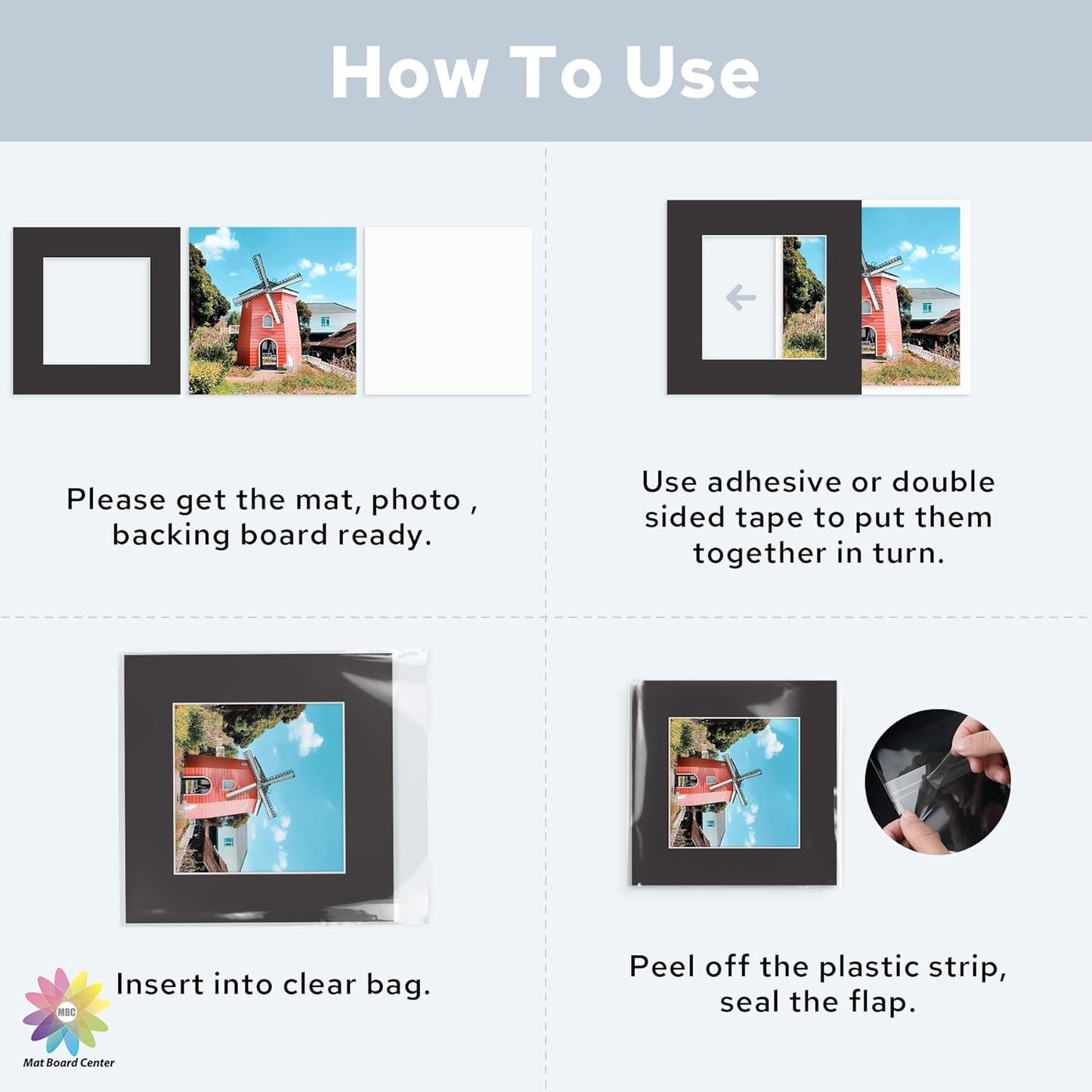 Mat Board Center, Pack of 25, 12x12 for 8x8 Black Mat Kit - Acid Free, 4-ply Thickness, White Core - Includes Backing Boards and Clear Bags - for Pictures, Photos, Framing