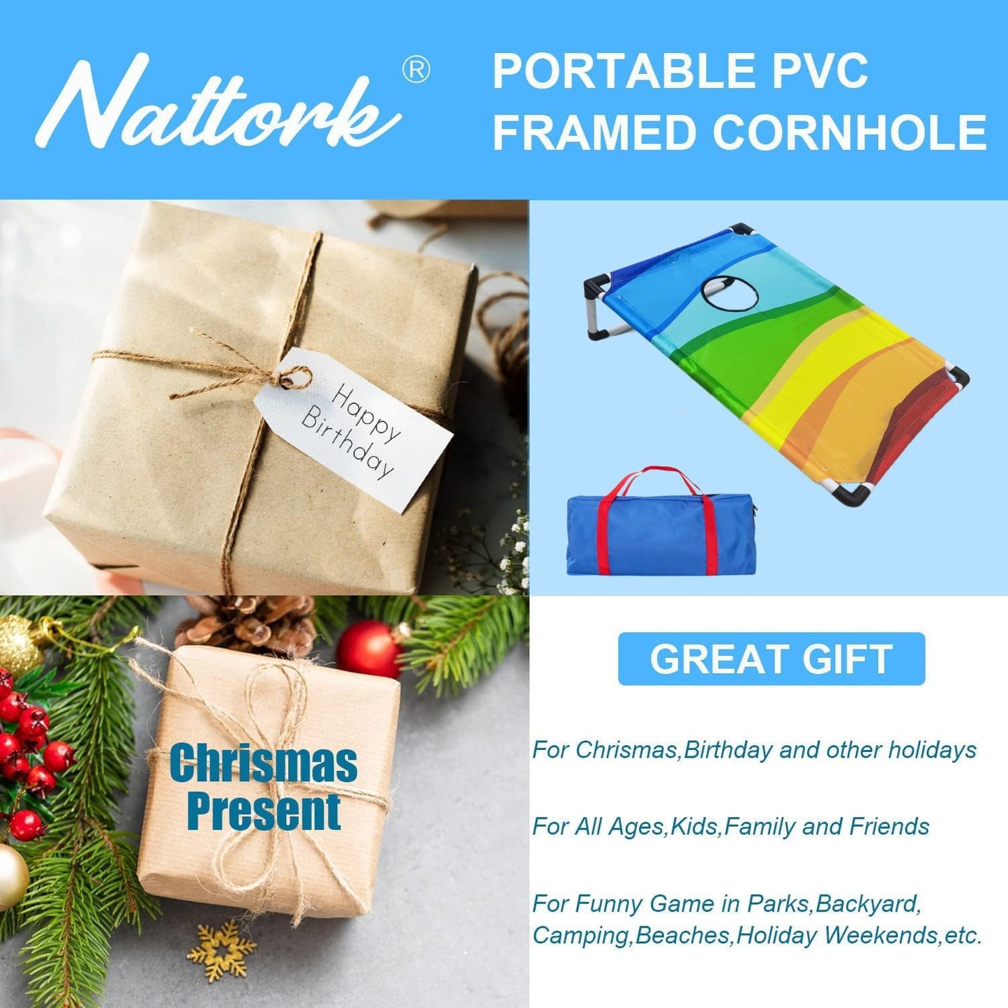 Portable Cornhole Set with 2 Collapsible Cornhole Boards, 8 Cornhole Bean Bags and Carrying Case for Yard Toss Game, Indoor Outdoor Camping Games for Adults Family (3 x 2-feet)