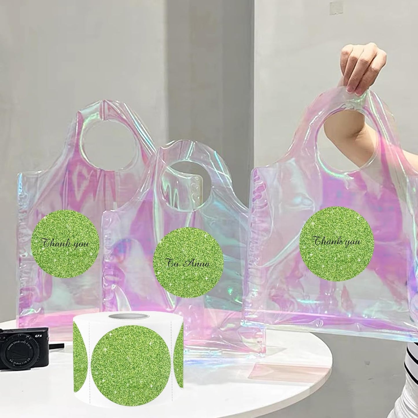 3" Holographic Thermal Label Stickers, Round Direct Thermal Label Stickers, Glitter Thermal Printer Sticker Labels for Gift Wrapping, Self-Adhesive Custom Logo Design- Glitter Green