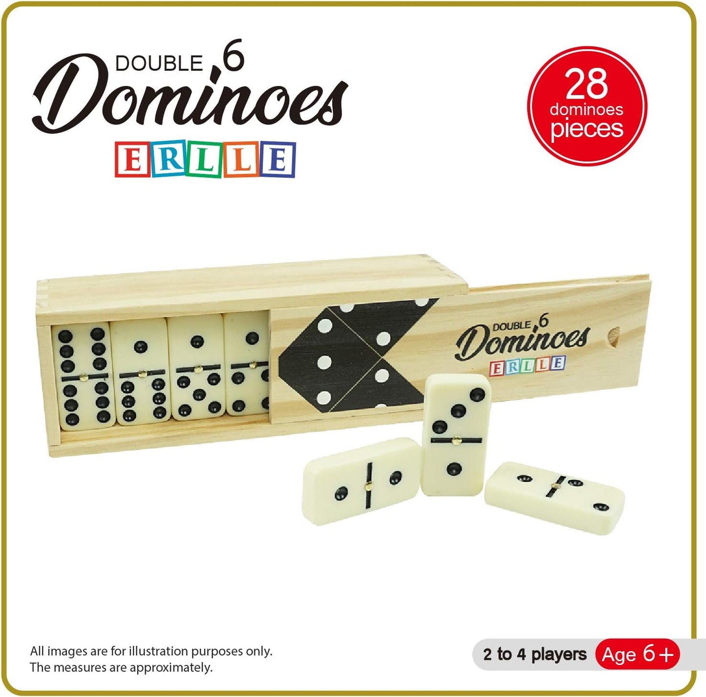 ERLLE - Dominoes Set, Premium Classic 28-Piece Double Six Domino Set with Wooden Case, Family & Kids Board Game, Mexican Train, Chicken Foot, and Classic Domino Games