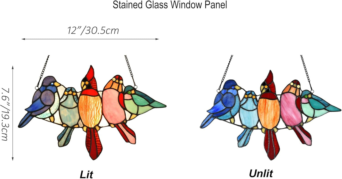 PA0011 Tropical Birds on The Wire Stained Glass Window Panel Tiffany Style Hangings Suncacher with Chain, 12X7.6 Inches, Art Glass Decoration for Window Wall Garden