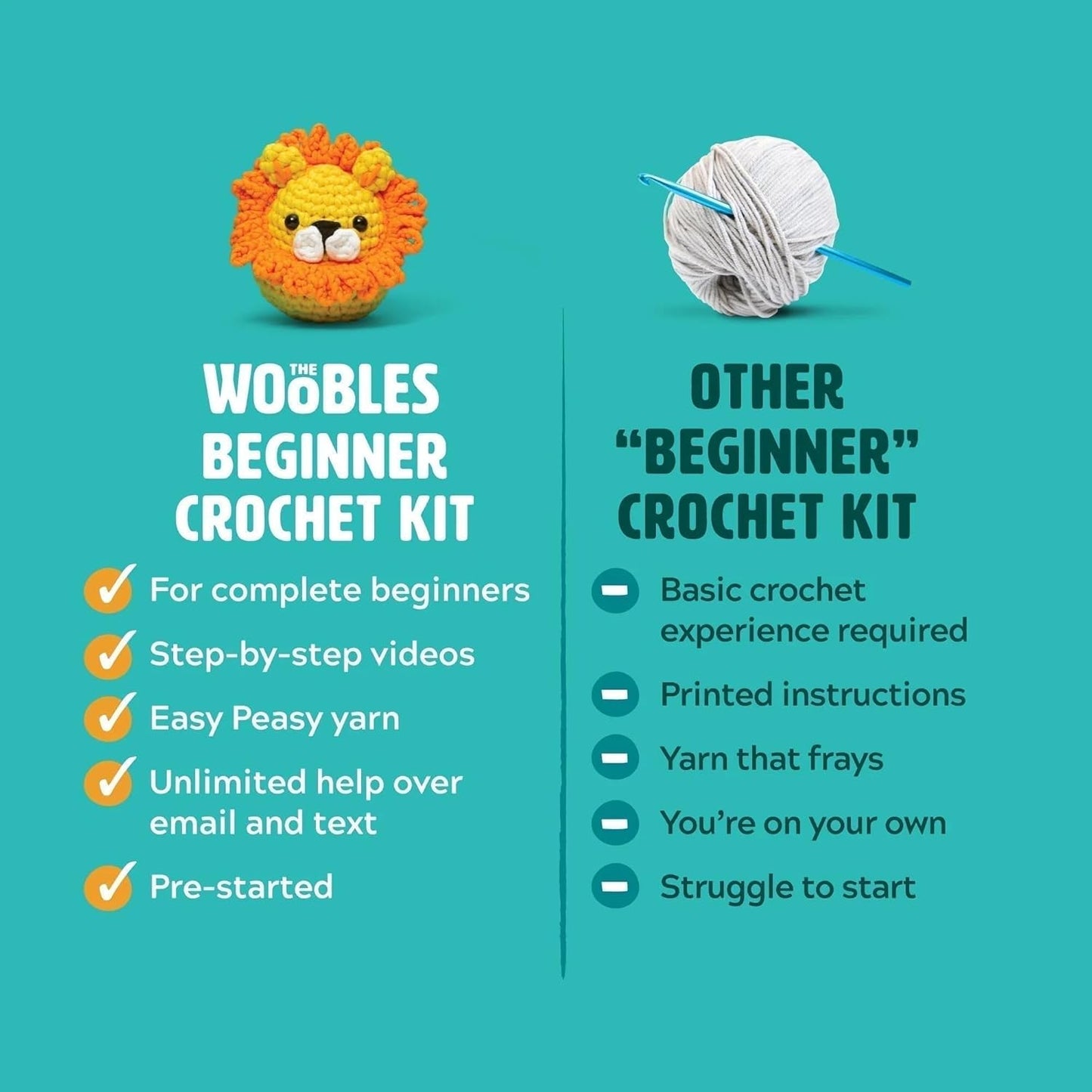 The Woobles Crochet Kit for Beginners - Easy Arts and Crafts Knitting & Crochet Animals Kit As Seen On Shark Tank - Sebastian The Lion