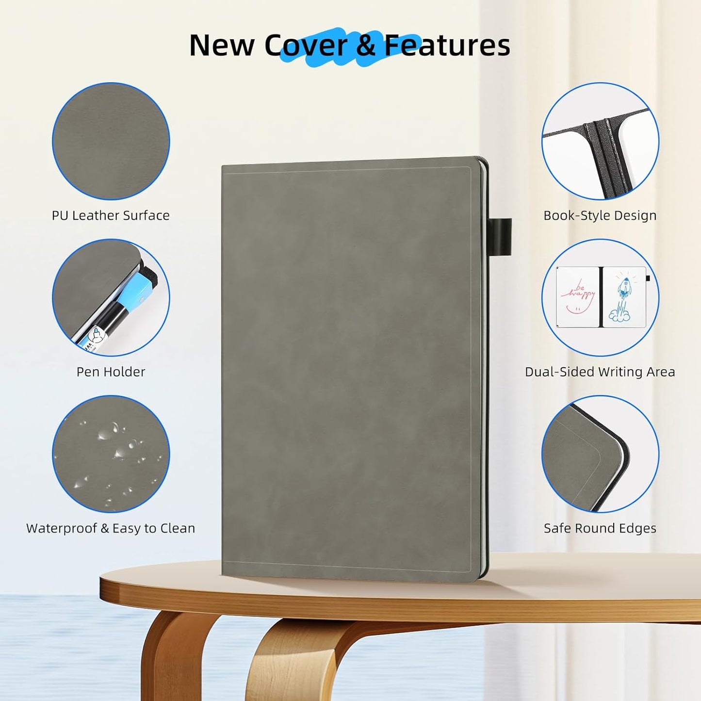 AGM Portable White Board Dry Erase Notebook, 8.4" x 6" Double Sided Folding Whiteboards with 3 Pens, Small Travel Dry Erase Board Skin-Friendly Material for Study, Meeting, Planning, Grey