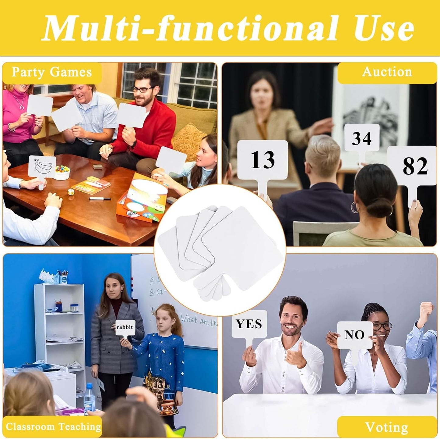 10 Pcs Dry Erase Answer Paddle, 10 x 8 Inch Auction Paddles with Markers and Erasers, Handheld White Board with Handle for Teaching Meeting Bidding Voting Games (Double Sided)