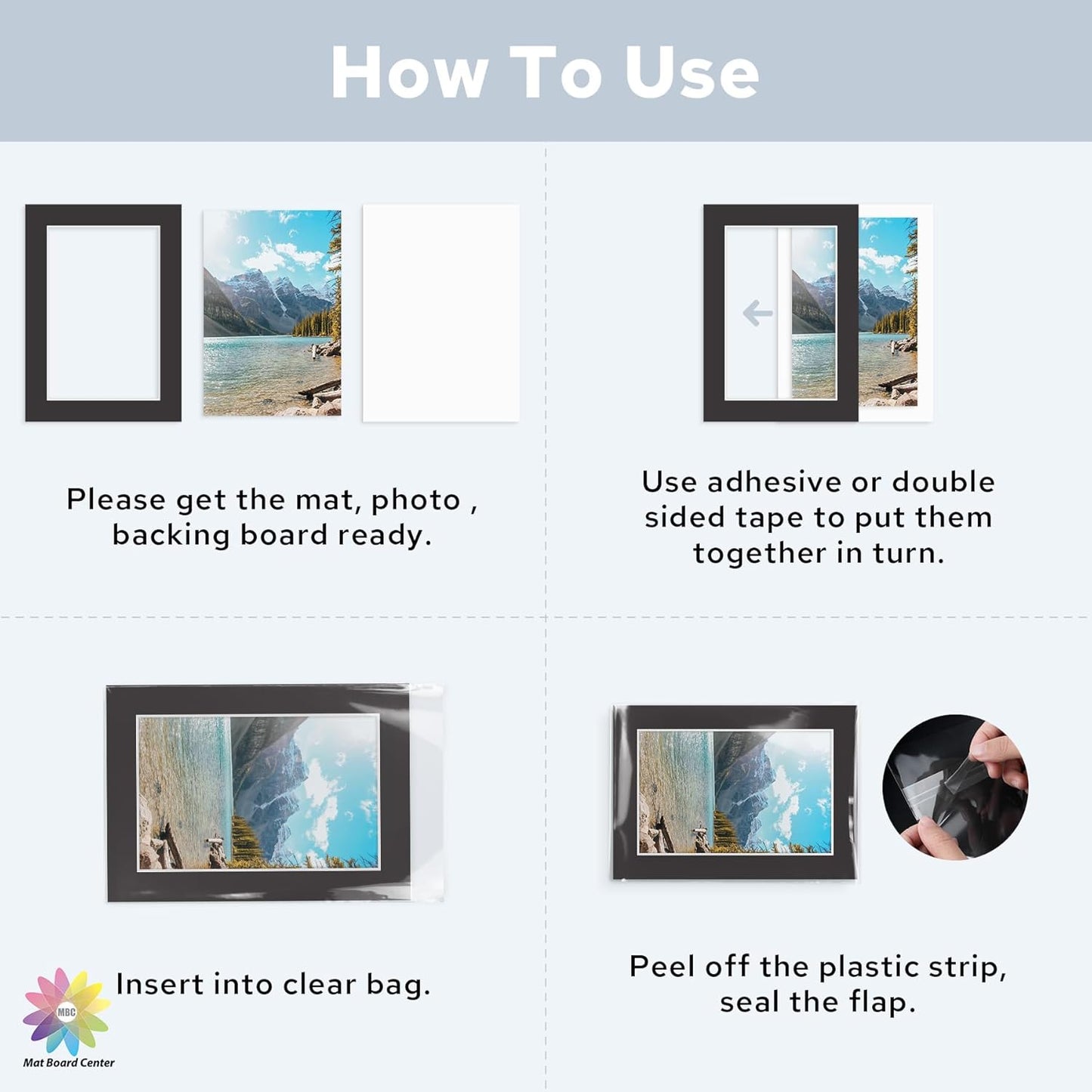 Mat Board Center, Pack of 50, 5x7 for 4x6 Black Mat Kit - Acid Free, 4-ply Thickness, White Core - Includes Backing Boards and Clear Bags - for Pictures, Photos, Framing