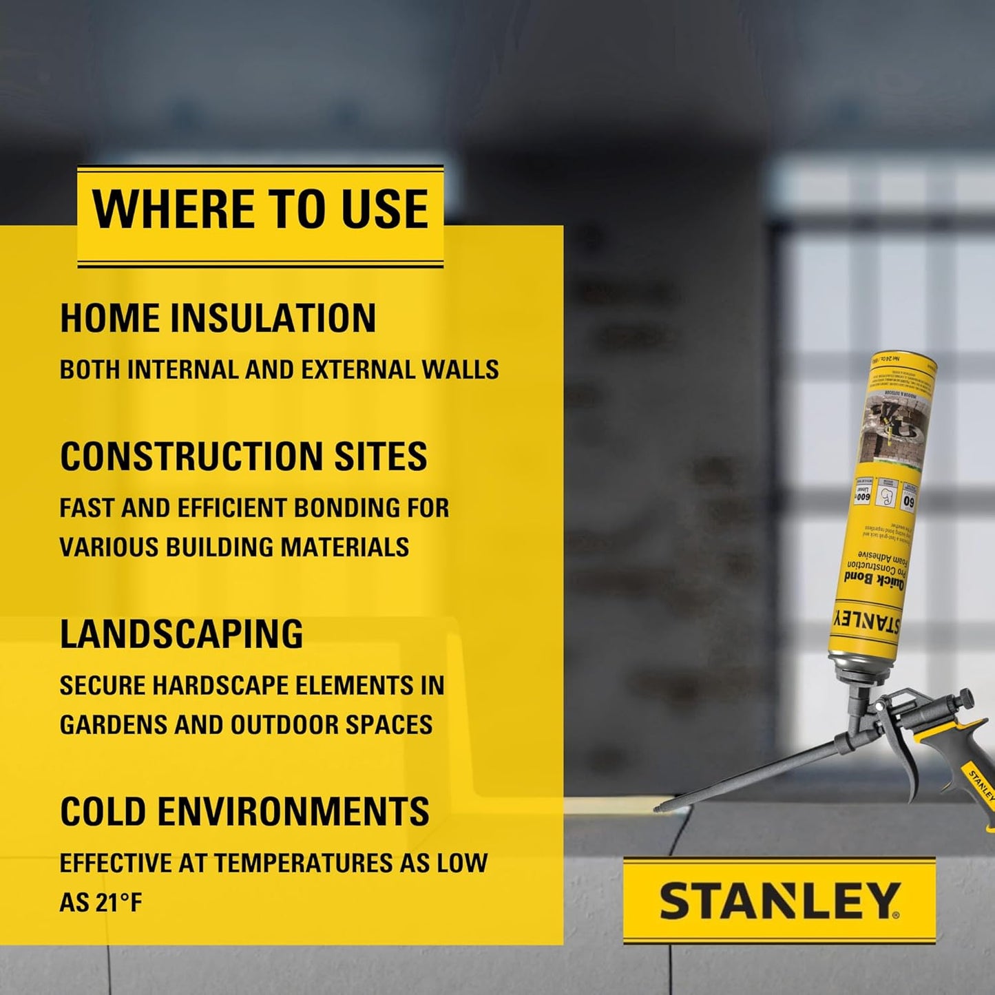 Stanley Quick Bond Adhesive Foam - 1x24oz, Reliable Bond Adhesive for Various Materials, Strong bonding, No Mixing, Gun Use, Gun NOT Included | 1 Pack