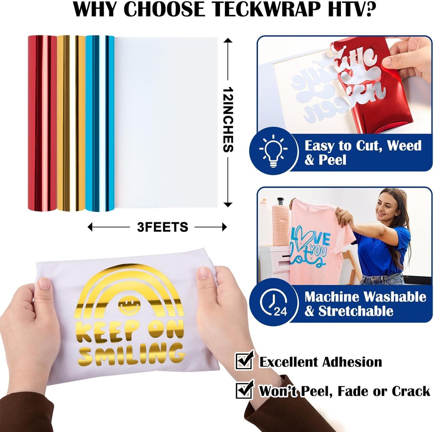 TECKWRAP HTV Iron On Vinyl Bundle, 6 Rolls 12" x3FT Chrome Metallic Heat Transfer Vinyl, Easy to Cut & Transfer, Perfect for T-Shirts, Hoodies, Bags & Crafts