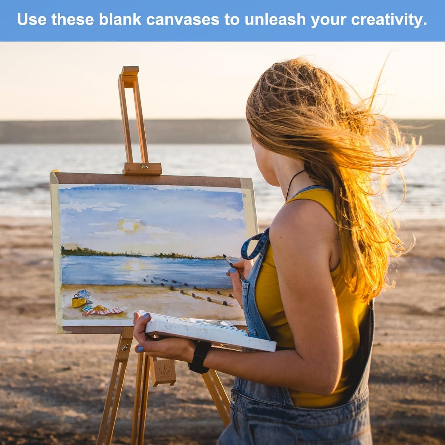 MECCANIXITY Canvas Boards for Painting with 6.3" Mini Easel Kit, 4x4 Cotton Blank Primed Art Canvas Panels Acid-Free for Painting Supplies Oil Acrylic Tempera Paint(White, Set of 6)