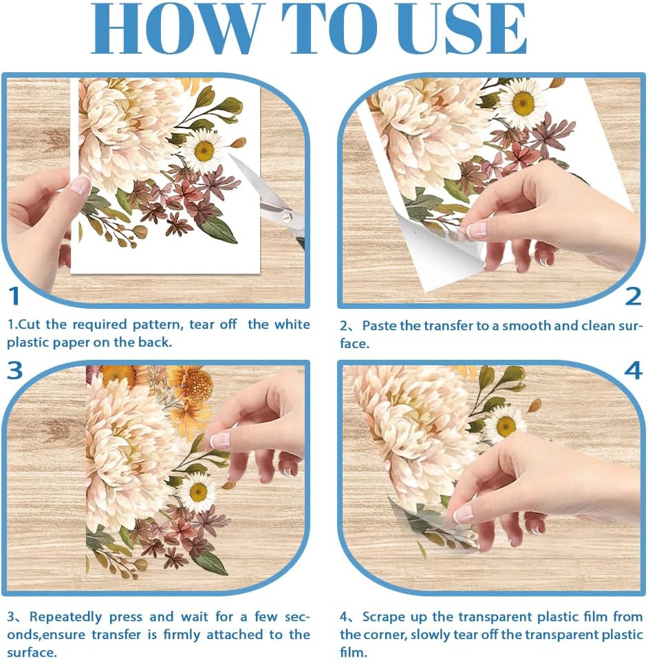 GLOBLELAND 4 Sheets Pink Vintage Bouquet Rub on Transfer for Furniture 11.8x5.9inch Flowers and Plants Rub on Transfer Sticker Daisy UV Self Adhesive Decals Wall Art Craft for Home Decor