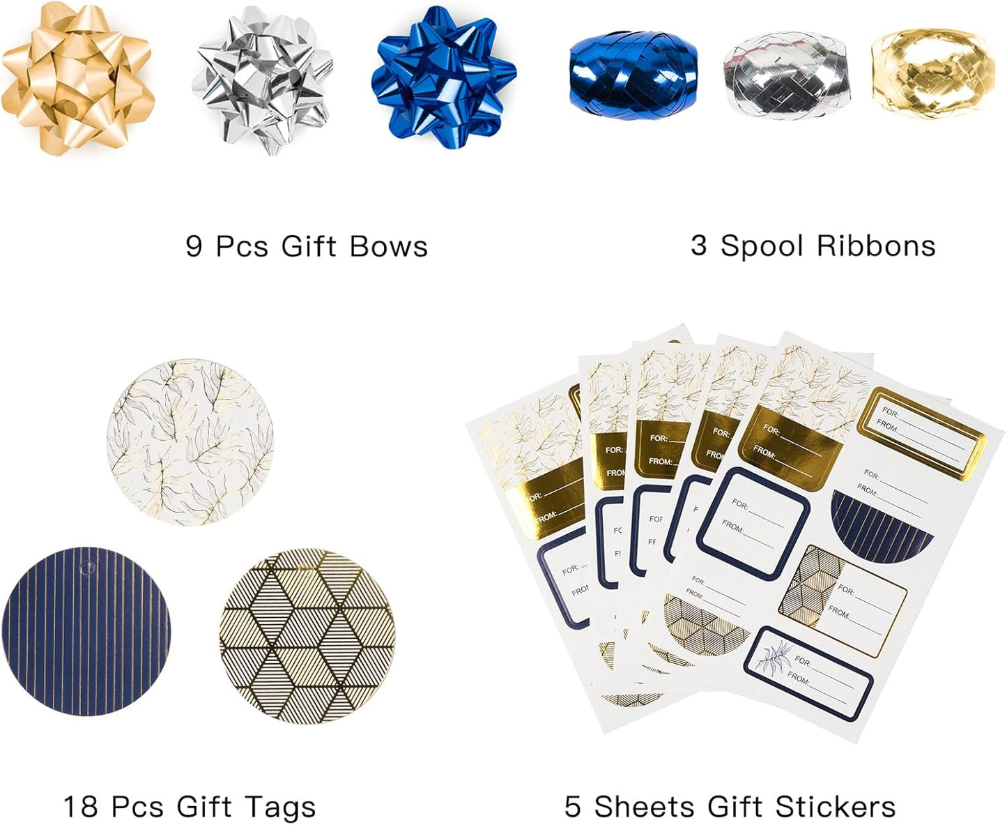 WRAPAHOLIC Navy Wrapping Paper Set - Gold and Navy Wrapping Paper Bundle with Gift Bow & Ribbon & Tag & Sticker, Perfect for Christmas, Birthday, Holiday, Father's Day, Baby Shower