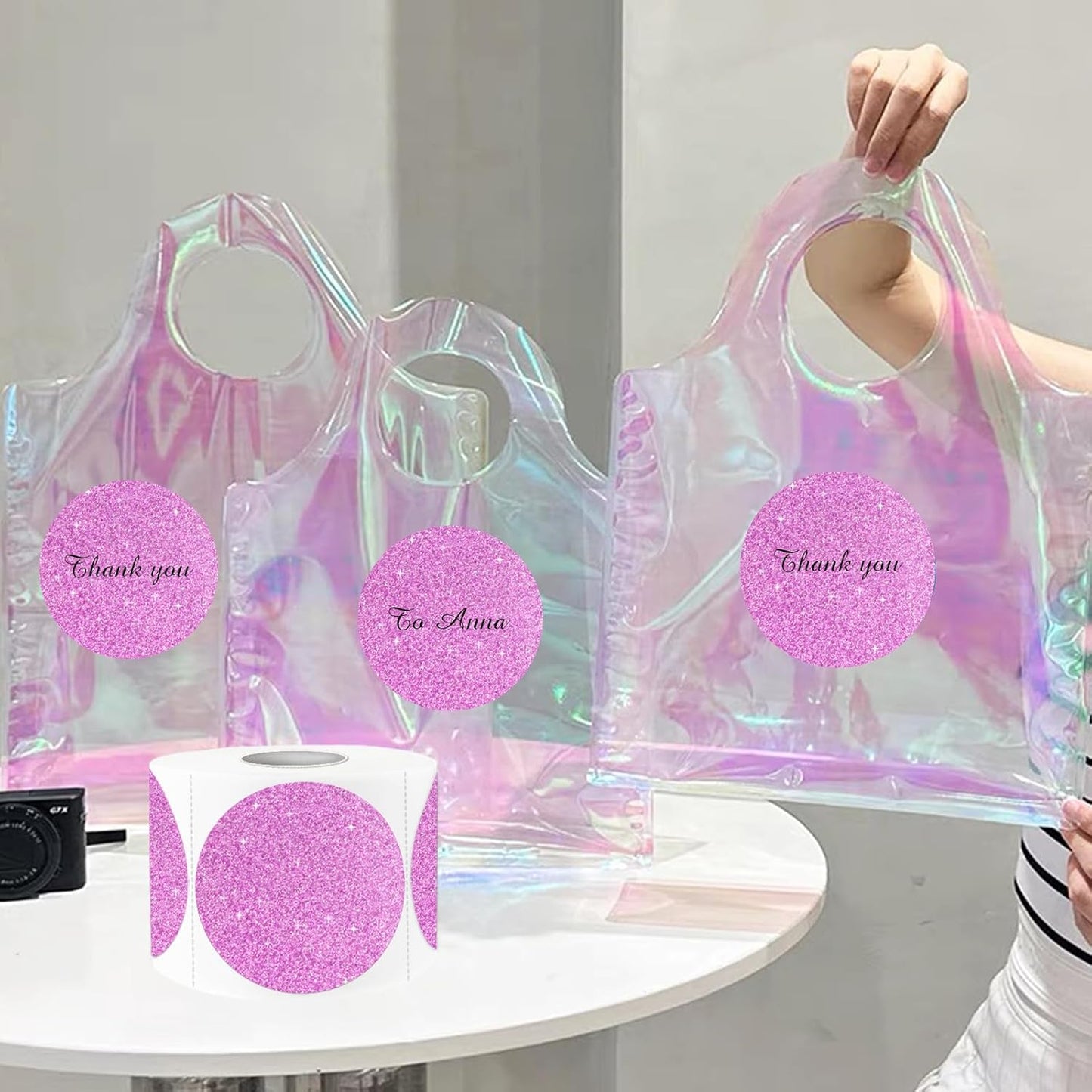 3" Holographic Thermal Label Stickers, Round Direct Thermal Label Stickers, Glitter Thermal Printer Sticker Labels for Gift Wrapping, Self-Adhesive Custom Logo Design- Glitter Pink