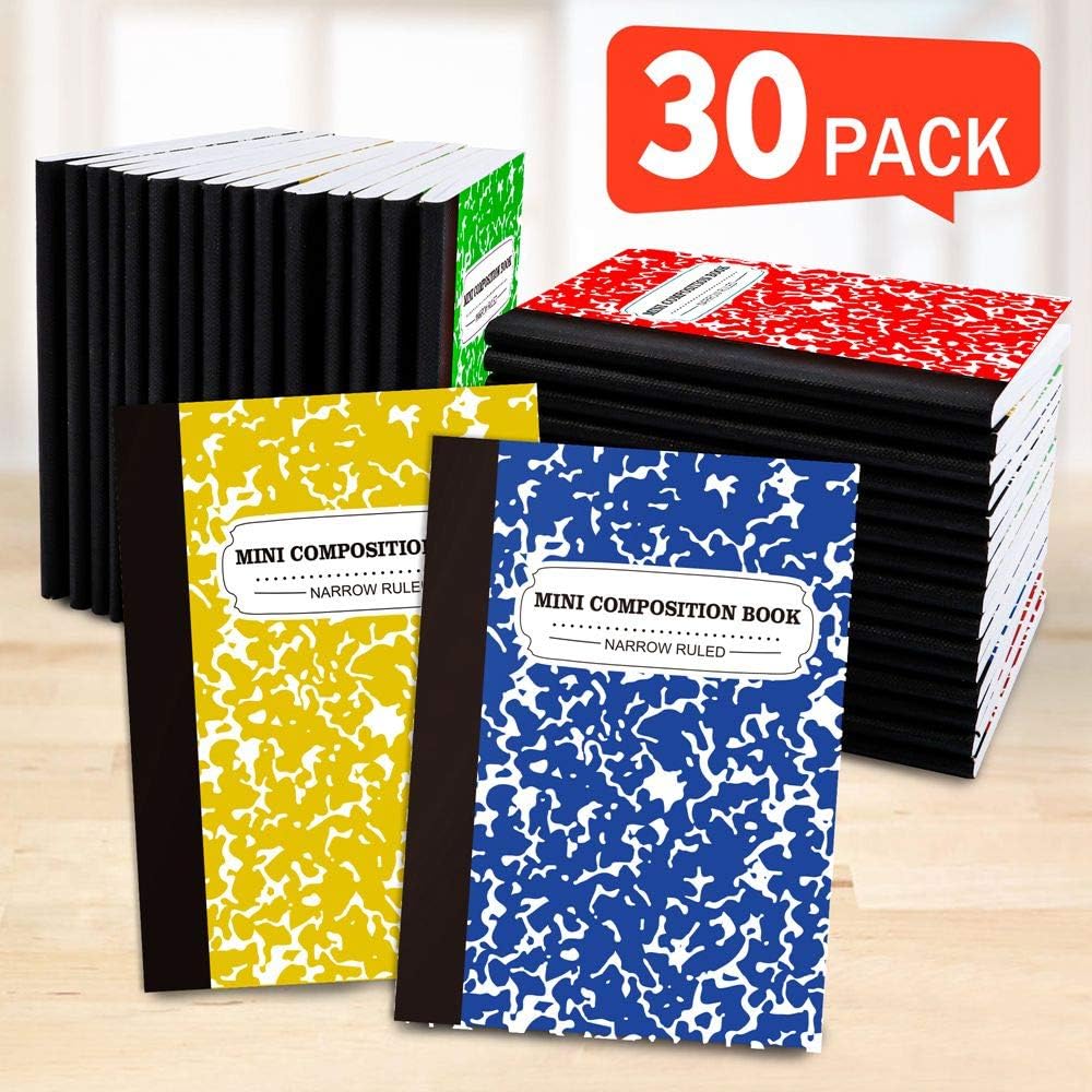 Composition Notebook, Mini Sized 30 Pack 5 Colors Narrow Ruled Mini Composition Books Bulk by Feela, Small Pocket Marble Cute Journal Notebooks for Kids School Home Office, Pocket Sized 4.5 x 3.25 in