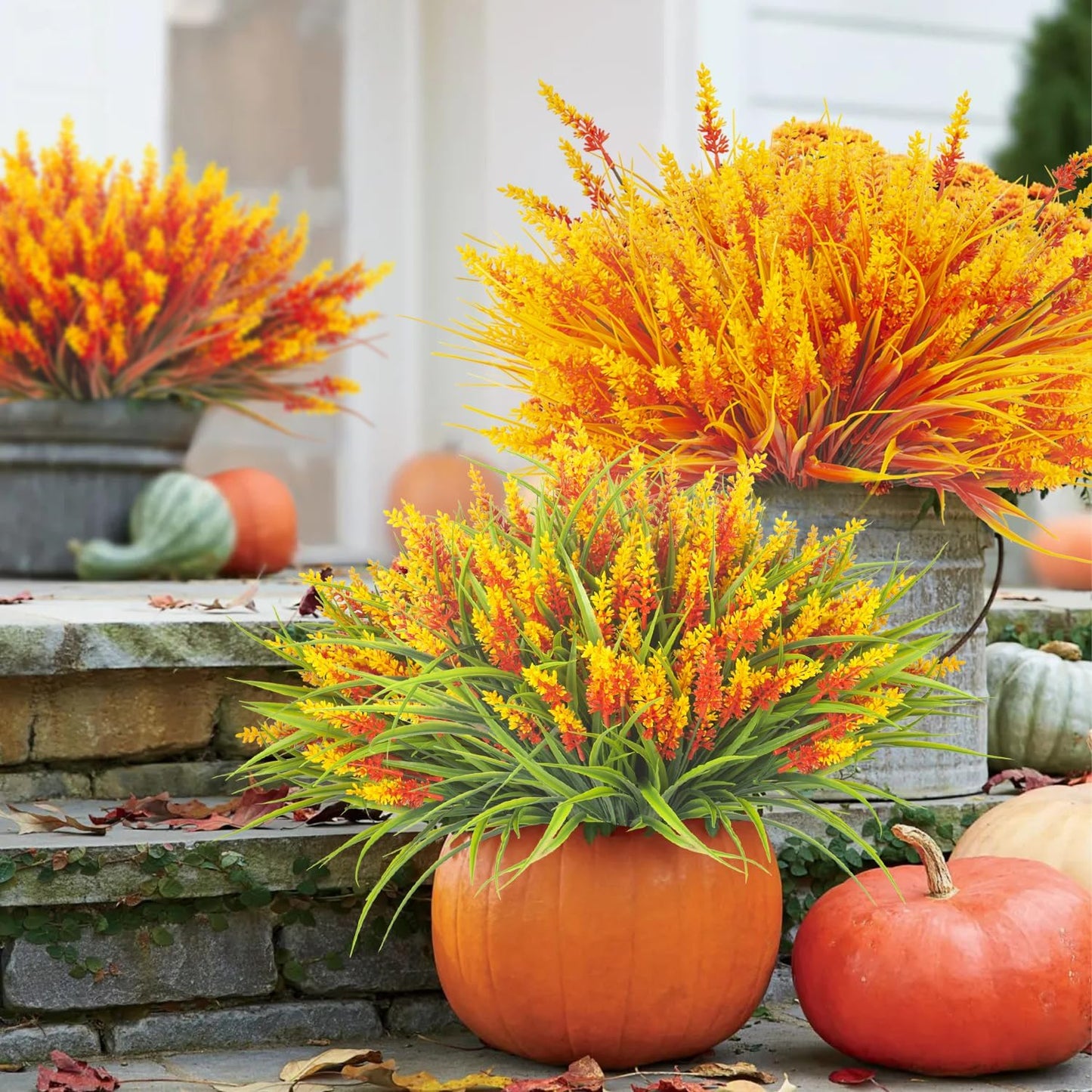 20 Bundles Artificial Plants Outdoor Fake Monkey Grass with Flowers (Orange Red)