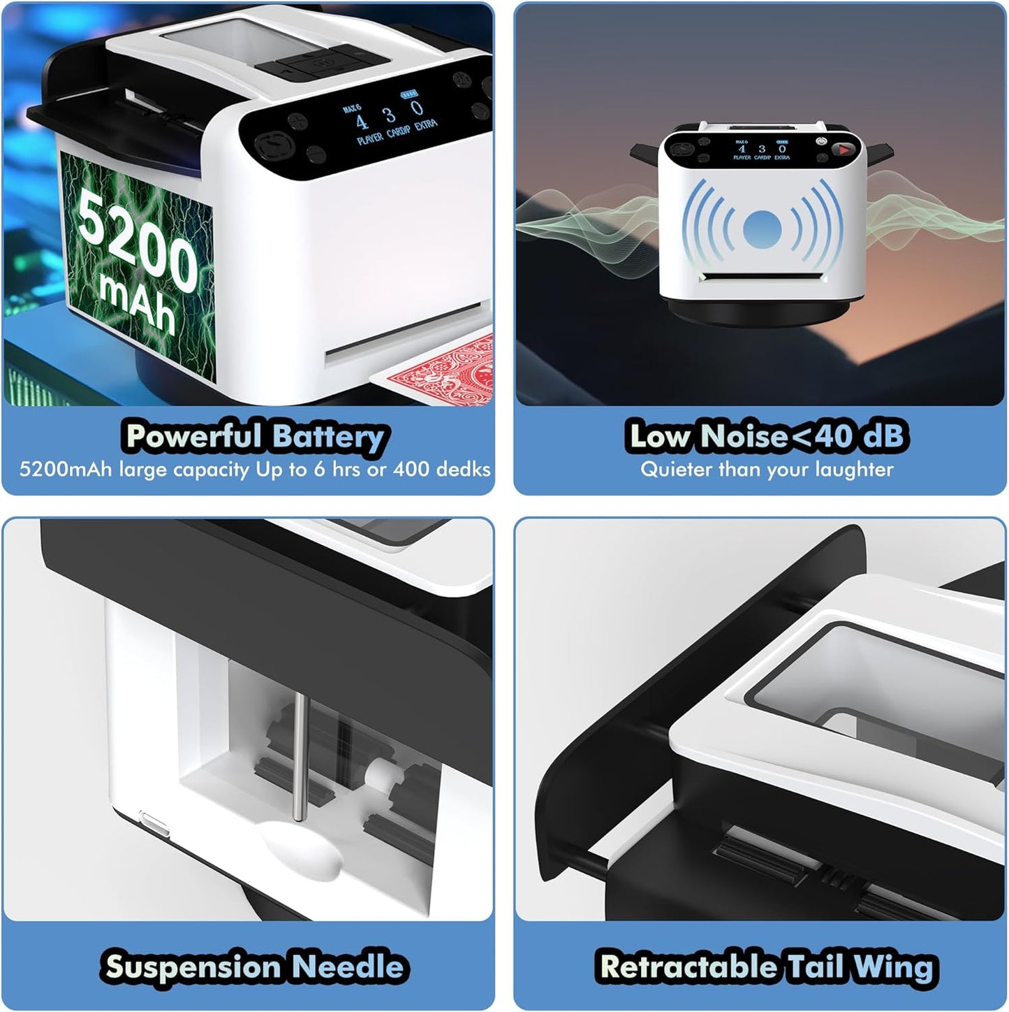 Automatic Card Shuffler and Dealer Machine 360ยฐ Rotation, Supports 12 Players, Rechargeable Card Shufflers, UNO Shuffler Card Machine Perfect for Rummy, Poker, Phase 10, Skip-Bo, Texas Hold'em