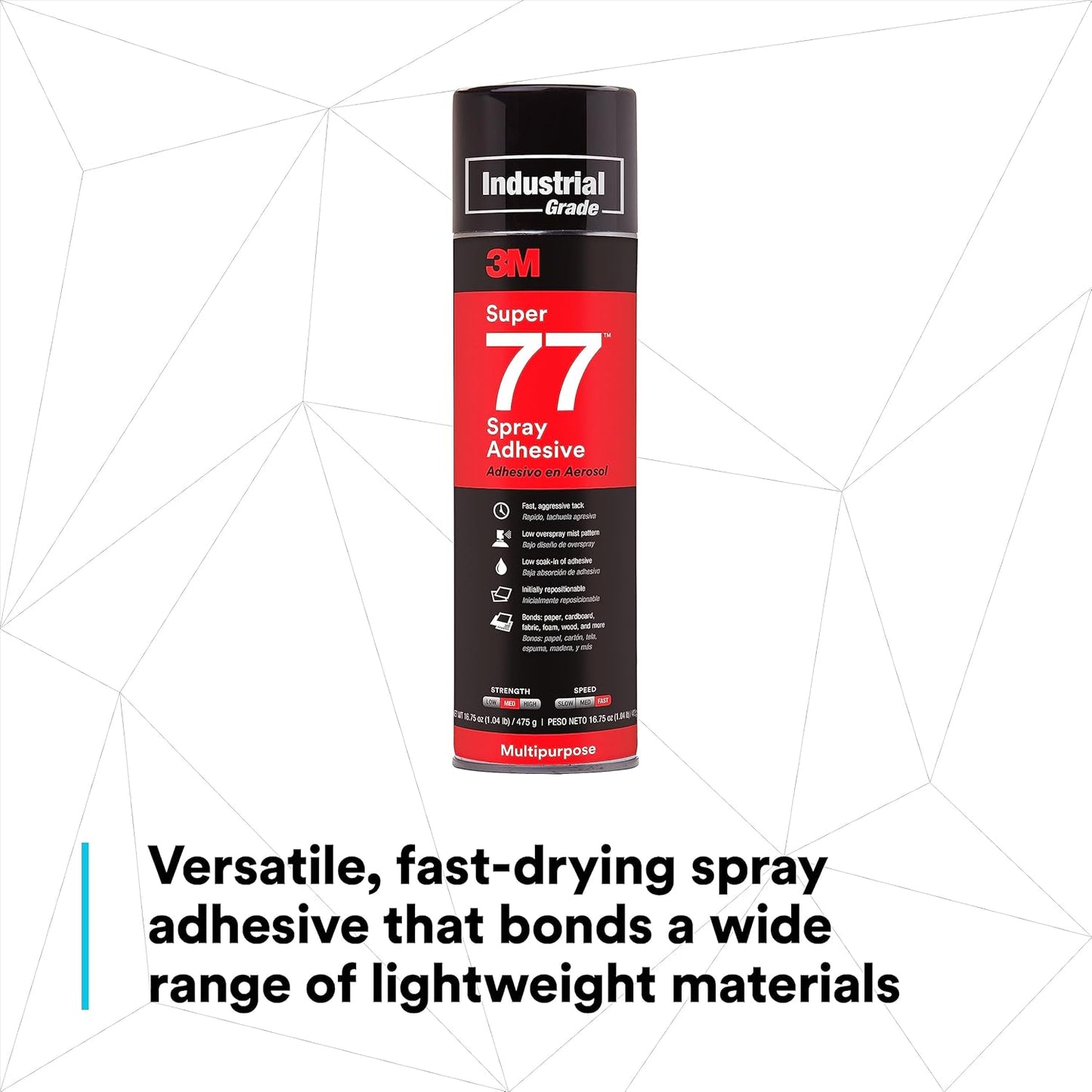 3M Super 77 Multipurpose Permanent Spray Adhesive Glue, Paper, Cardboard, Fabric, Plastic, Metal, Wood, Net Wt 16.75 oz
