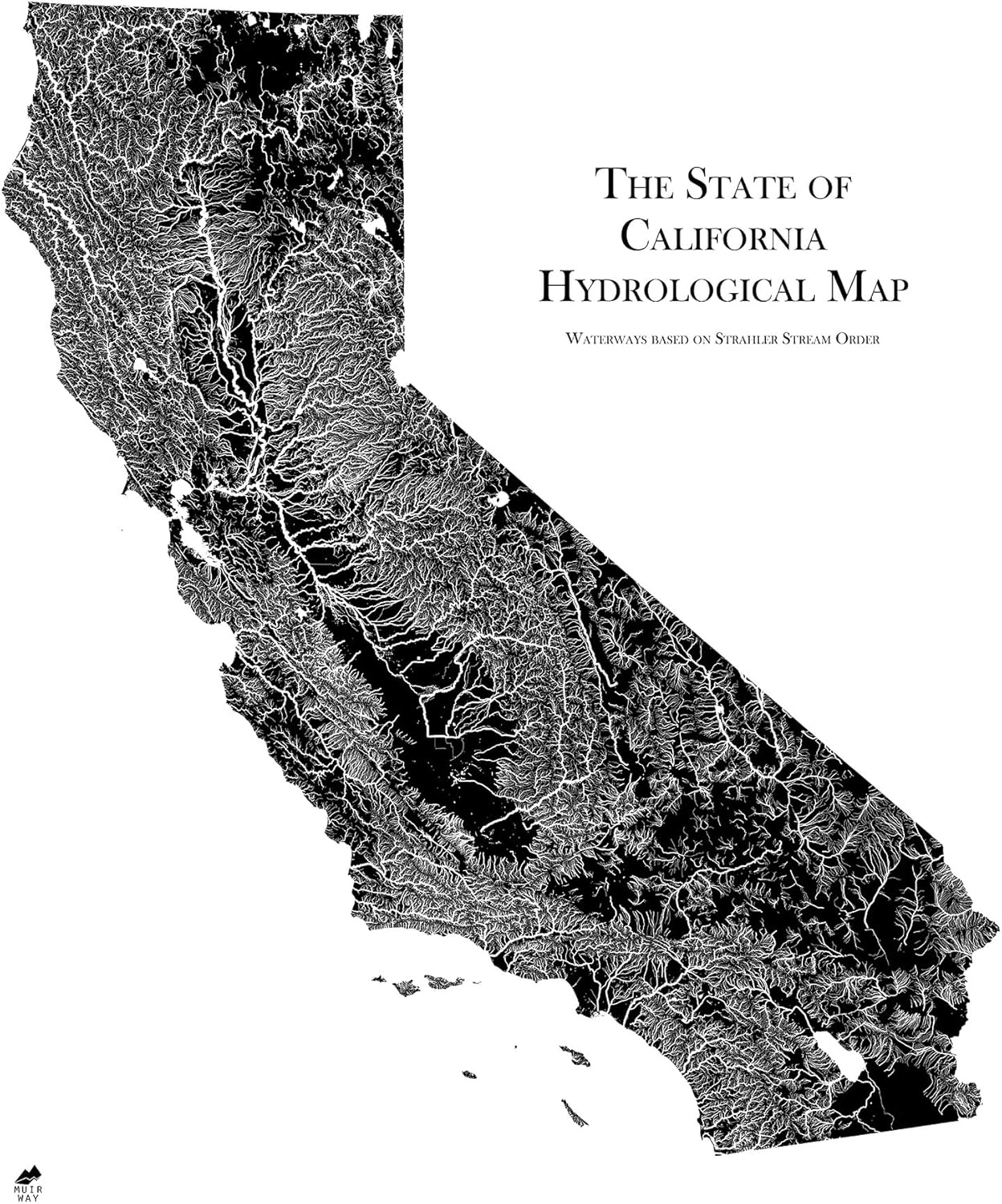 Muir Way Hydrological River Map of California - Watershed Topographic Wall Art for Home, Office, or Travel Decor - Unframed Flat Paper Print, 18x24