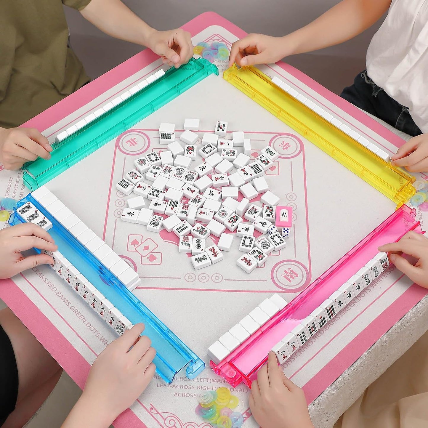 Clear Mahjong Racks with Pushers,4 Colors Acrylic American Majiang Tile Racks,Imports Modern Mahjong Racks with Built-in Pushers- Set of 4