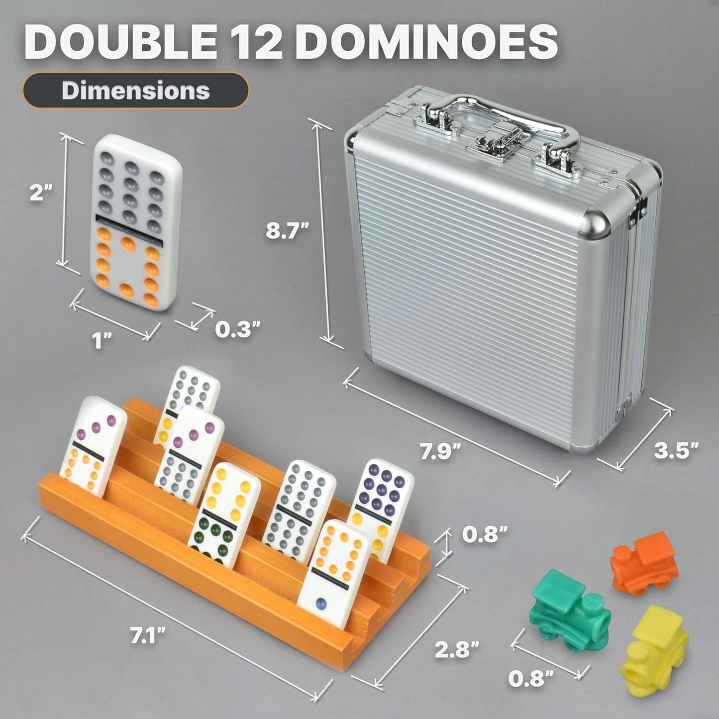 Queensell Dominoes Double 12 with 4 Holders + Wooden Hub + Score Pad + Metal Trains