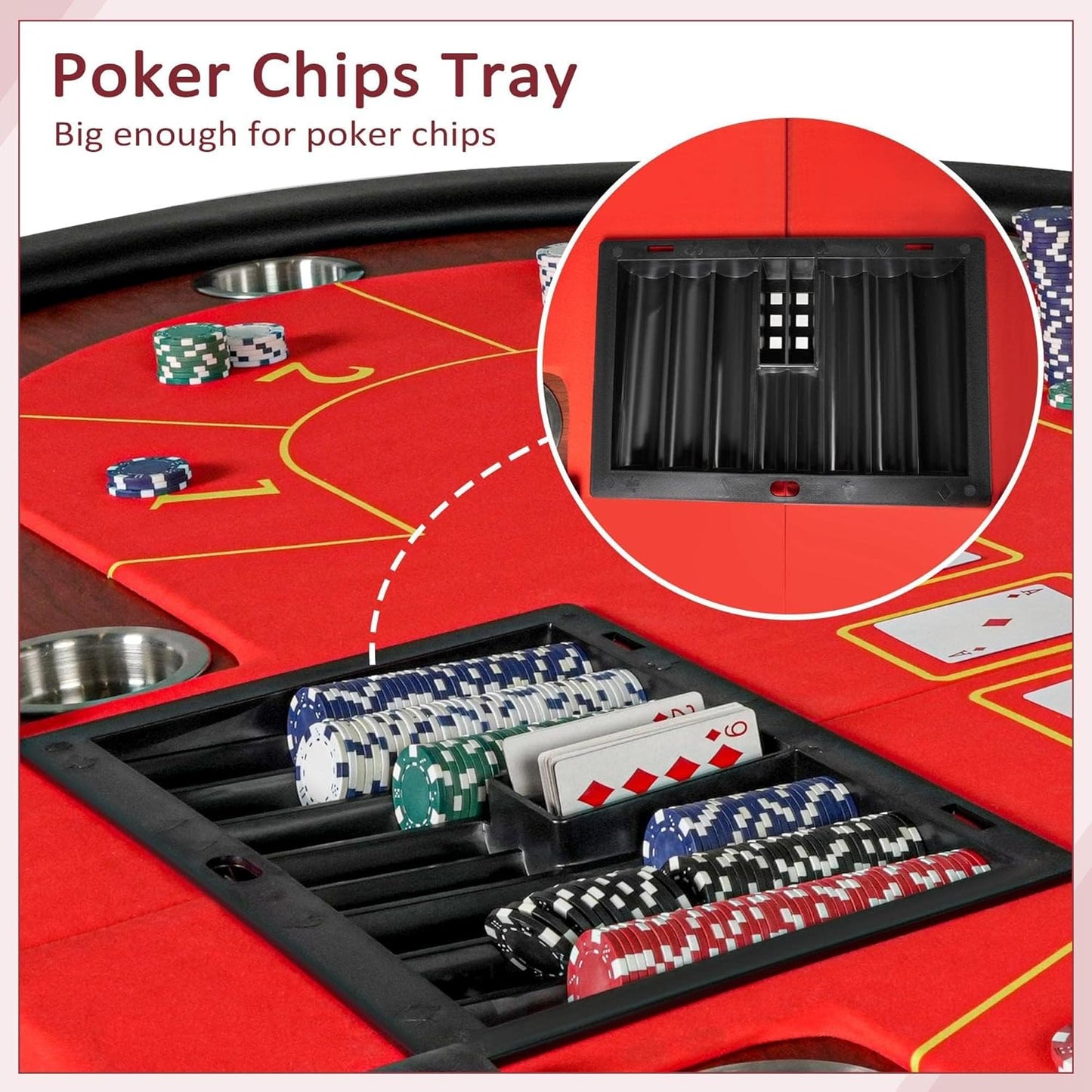 Upgrade 84" Folding Poker Table, 10 Players Oval Card Table with Stainless Steel Cup Holders & Padded Rails, Casino Leisure Felt Surface Texas Hold 'em Poker Table, Red